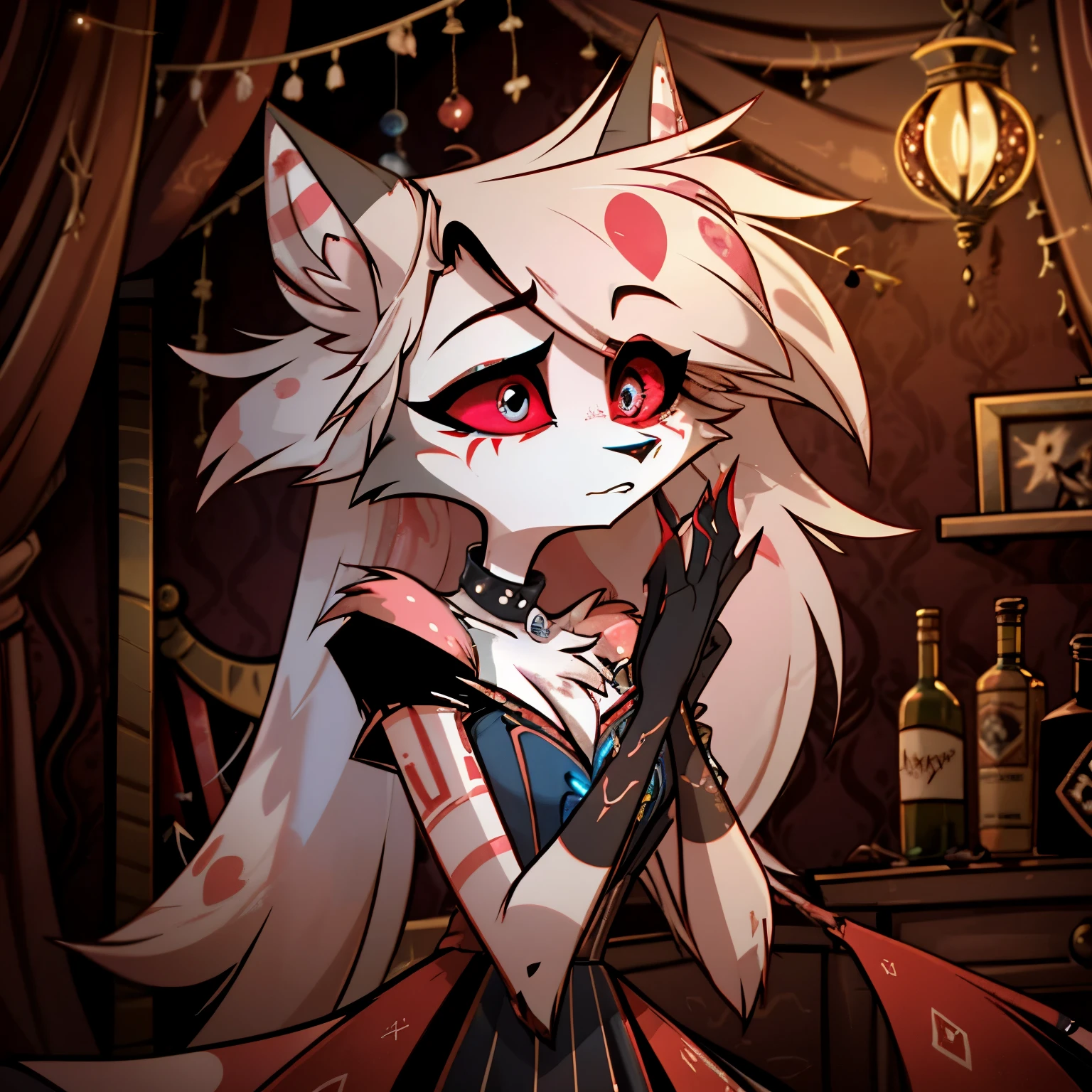 In the solitary realm of Hazbin Hotel, a captivating feminine Havana cat demon is the sole character, distinguished by her stunning features. Adorned in a coat of rich brown fur, her captivating eyes shimmer with a golden hue. Embracing the 80s fashion with an alluring charm, she conceals the pain she carries. However, beneath her stylish exterior, haunting markings become visible, revealing that she was a victim of a tragic crime - murdered by an abusive and obsessive ex. Against the backdrop of the desolate realm, her presence, with its mixture of strength and vulnerability, captivates, emphasizing the allure of her golden eyes and serving as a poignant reminder of the darkness that can overshadow even the most captivating exteriors in the world of Hazbin Hotel. ((solo)), ((1character))