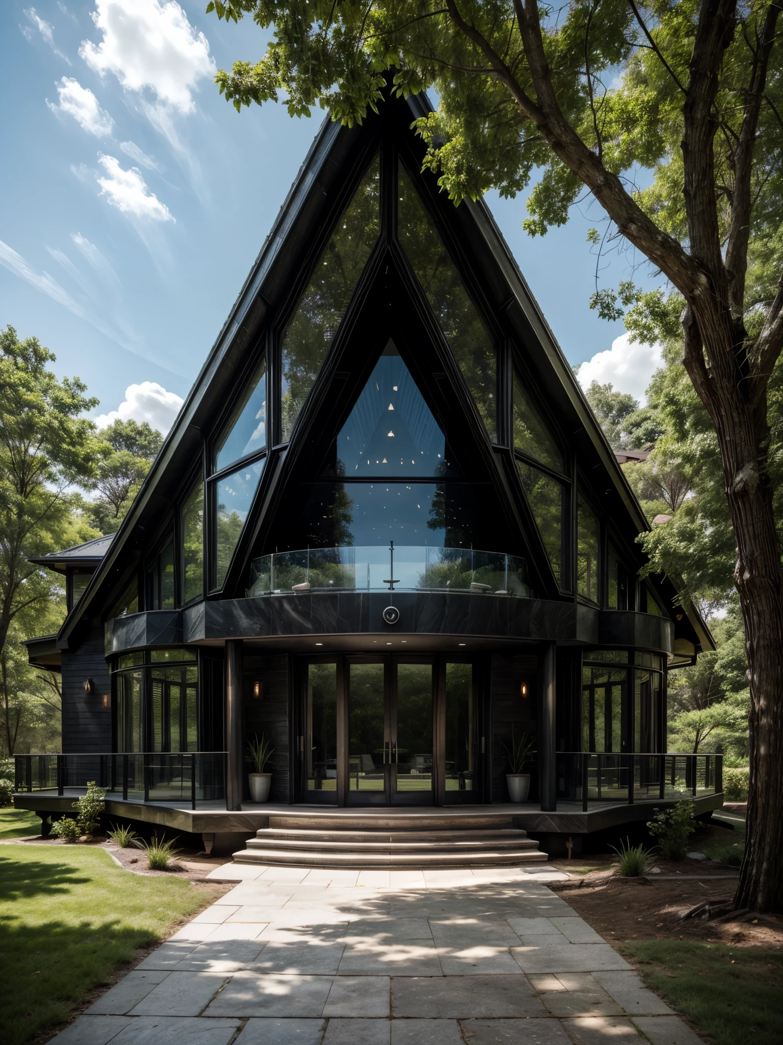 a big futuristic house, on rock, black materials, a lot of glass