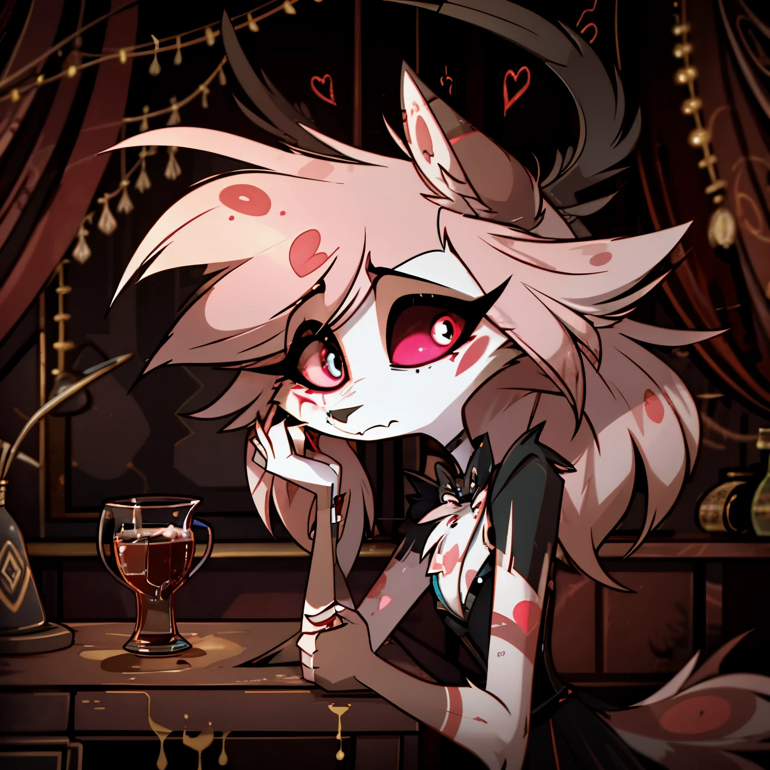 In the solitary realm of Hazbin Hotel, a captivating feminine deer and wolf hybrid demon is the sole character, evoking both intrigue and sorrow. Adorned in a color pattern of blue, and black, her long fur and hair cascade around her, adding an ethereal quality to her appearance. However, upon closer inspection, poignant markings reveal the battle she lost with depression and alcohol overdose. Despite her outward elegance, these markings serve as a reminder of her painful journey. Against the backdrop of the desolate realm, her presence, with its mixture of beauty and haunting sorrow, captivates and invites contemplation in the world of Hazbin Hotel. ((solo)), ((1character))