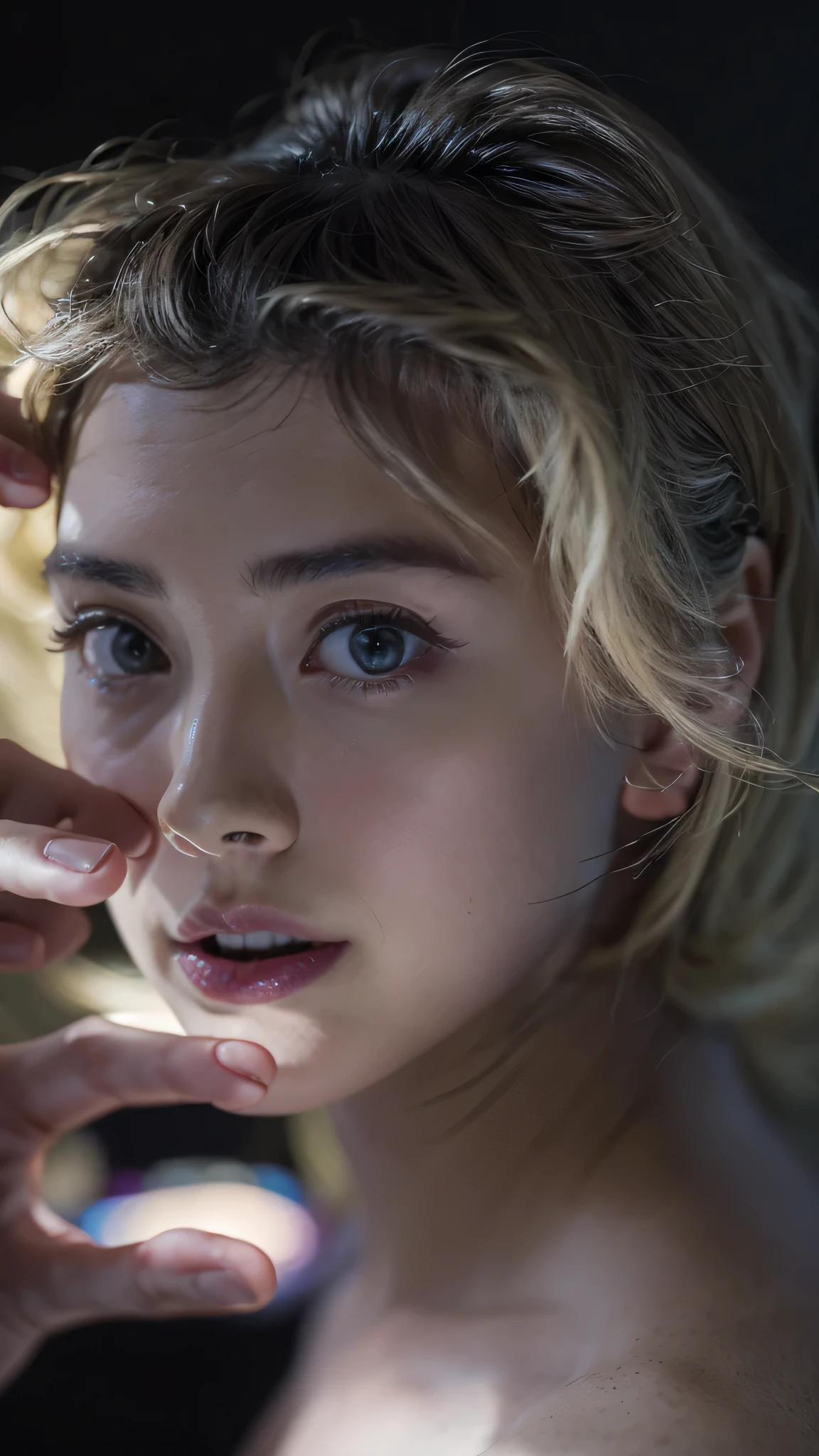 ((highest quality、16k、High resolution、masterpiece: 1.2)、Super detailed、One Italian Woman、(((micro bikini))), (((full body image)))、((Anne Hathaway))、((jennifer connelly))、18-year-old、beautiful detailed face、teenage girl、((clear, fine-textured skin)),short hair、(genuine、photogenuineistic、photogenuineistic: 1.37)、nikon 105mmFull body shot with lens、((black background))、((Beautiful background blur))、Attractive female body that attracts the opposite sex、Both arms are hidden behind the body and cannot be seen、((black background))、((A beautiful figure that stands out against a dark background))、((Anatomically correct hands and fingers))、((correct number of fingers))、soft studio lighting