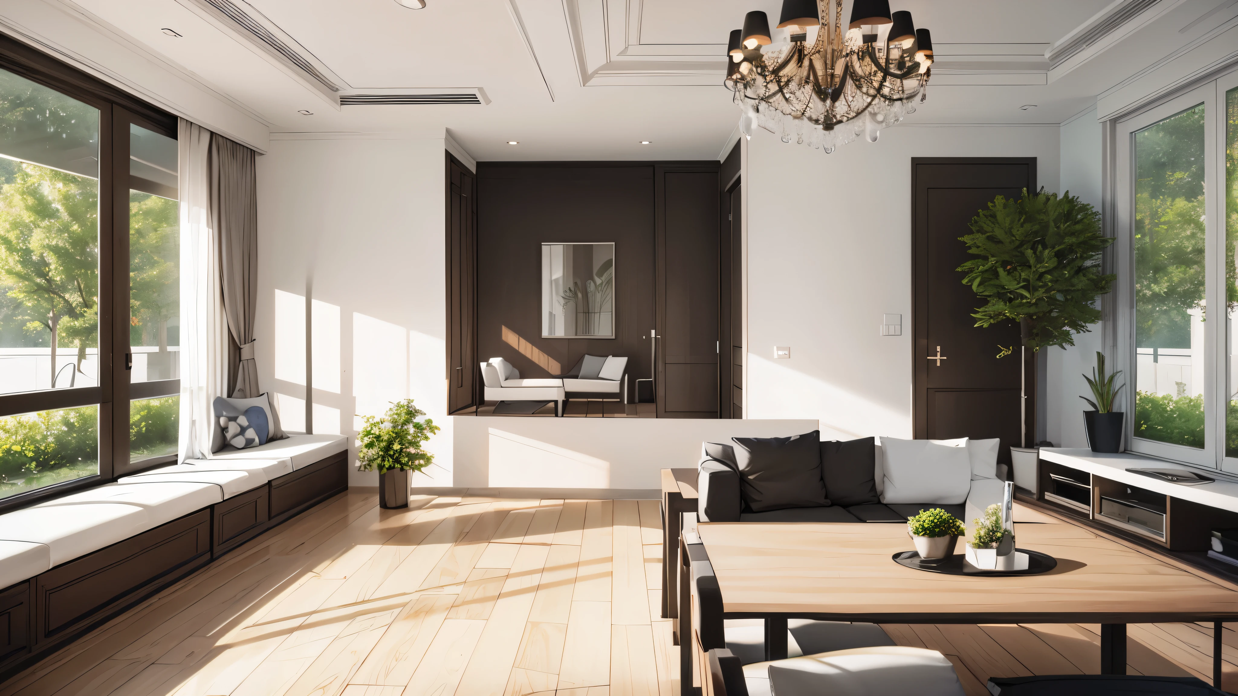 You are a famous interior designer、You have been asked to create a 3D image of a modern large room. Create a harmonious environment with modern and minimalist furniture. Including garden interior.