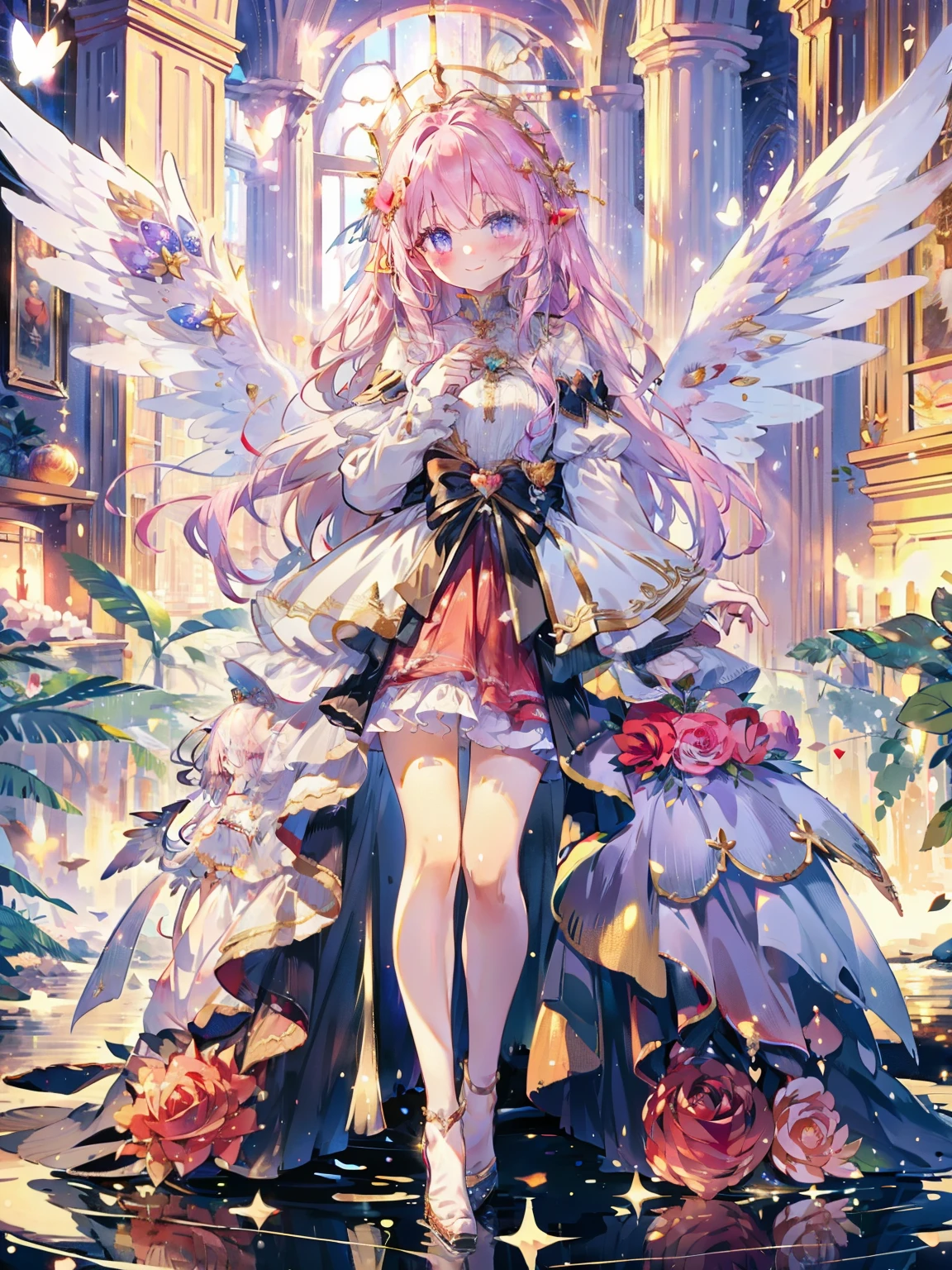 (best quality,insanely detailed,beautiful,exquisite,16K,Full-HD,absurdres),valentine&#39;s day,((Upper body)),golden ratio,blushing and shy,white background,((A field of roses)),((standing holding a heart)),soft expression,(smile with your mouth slightly open),((light smile,Happy:1.5)),((A long red dress that covers your legs:1.1)),((Sparkling red fluffy layered ball gown)),A large and beautiful dress inspired by rose flowers, lots of flowers、A dress that flies slightly in the wind,gold decoration,Black ruffles、Intricate billowy ball gown with rhinestones,The heart is floating, (turn around)，Smile tastefully、,((giant white fairy wings))、gradient hair, golden hair, hair in the wind, wavy hair,fluffy hair,tiara,Lavender colored eyes, long eyelashes, beautiful eyes、light pink blush,pointy ears, bright pupils, long and thin legs, golden hour, shining light, warm lighting,