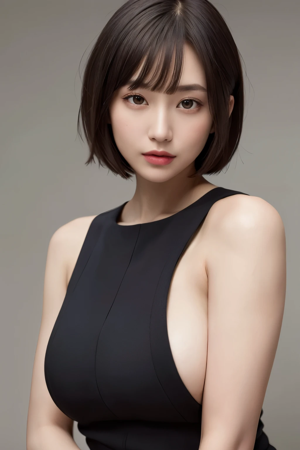 ((highest quality)), ((masterpiece)), (be familiar with), perfect face, OL, suit, short hair, bangs, bob cut, big breasts, realistic skin, fine skin, realistic texture