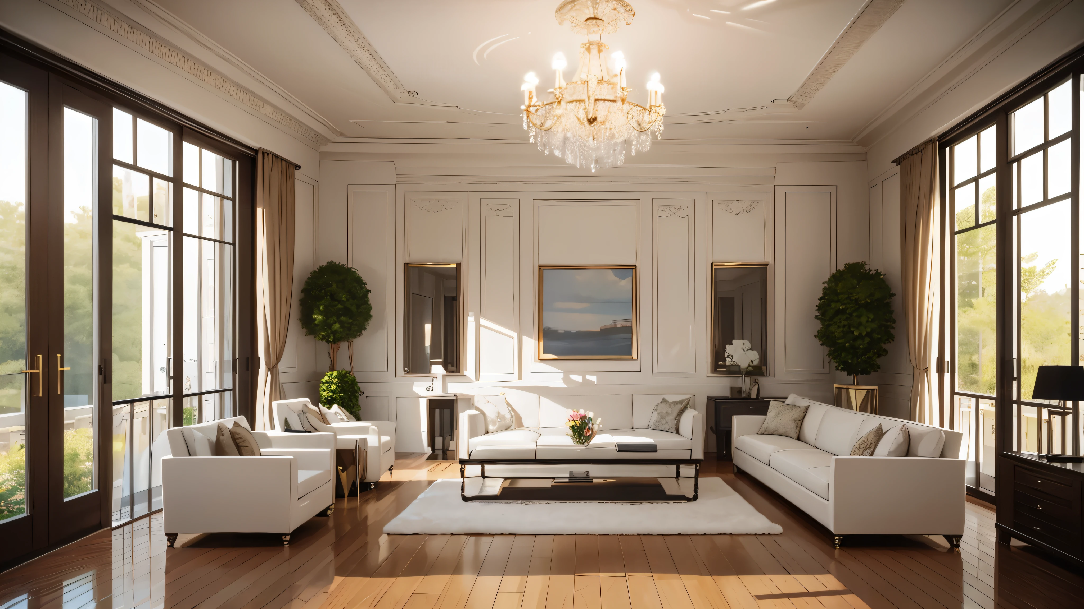 You are a famous interior designer、You have been asked to create a 3D image of a modern large room. Create a harmonious environment with modern and minimalist furniture. Including garden interior.