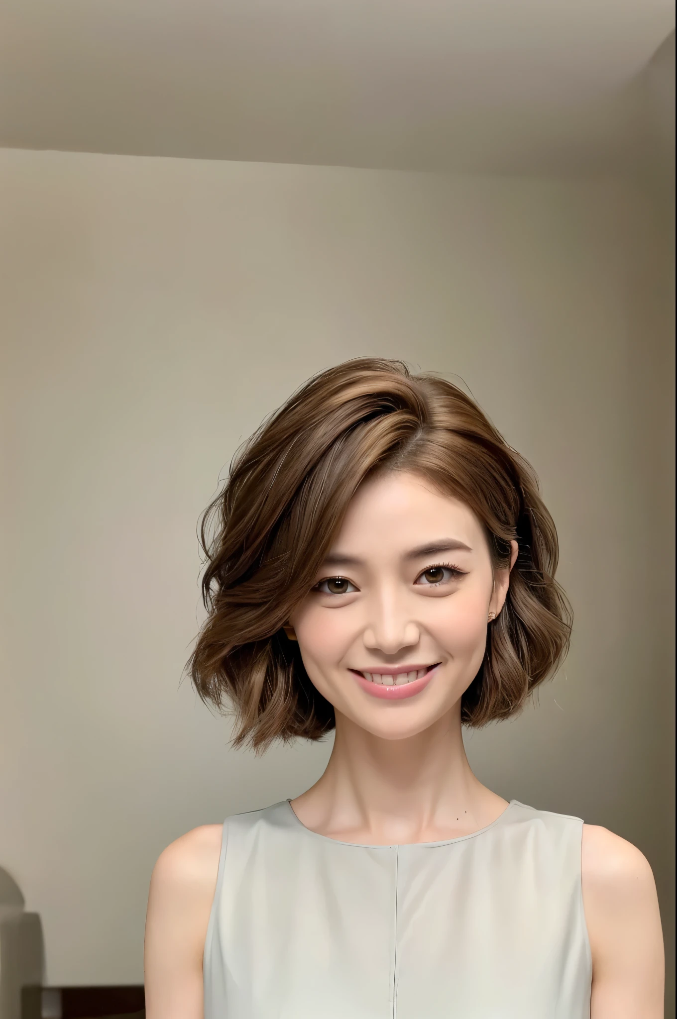 ((Best Quality, 8K, Masterpiece: 1.3)), 1 Girl, Slim Abs Beauty: 1.3, (Hairstyle Brown Hair Shortcut, Big: 1.2), Dress: 1.1, Super Slender Face, Delicate Eyes, Double Eyelids, Smile, Home, Raw Photo