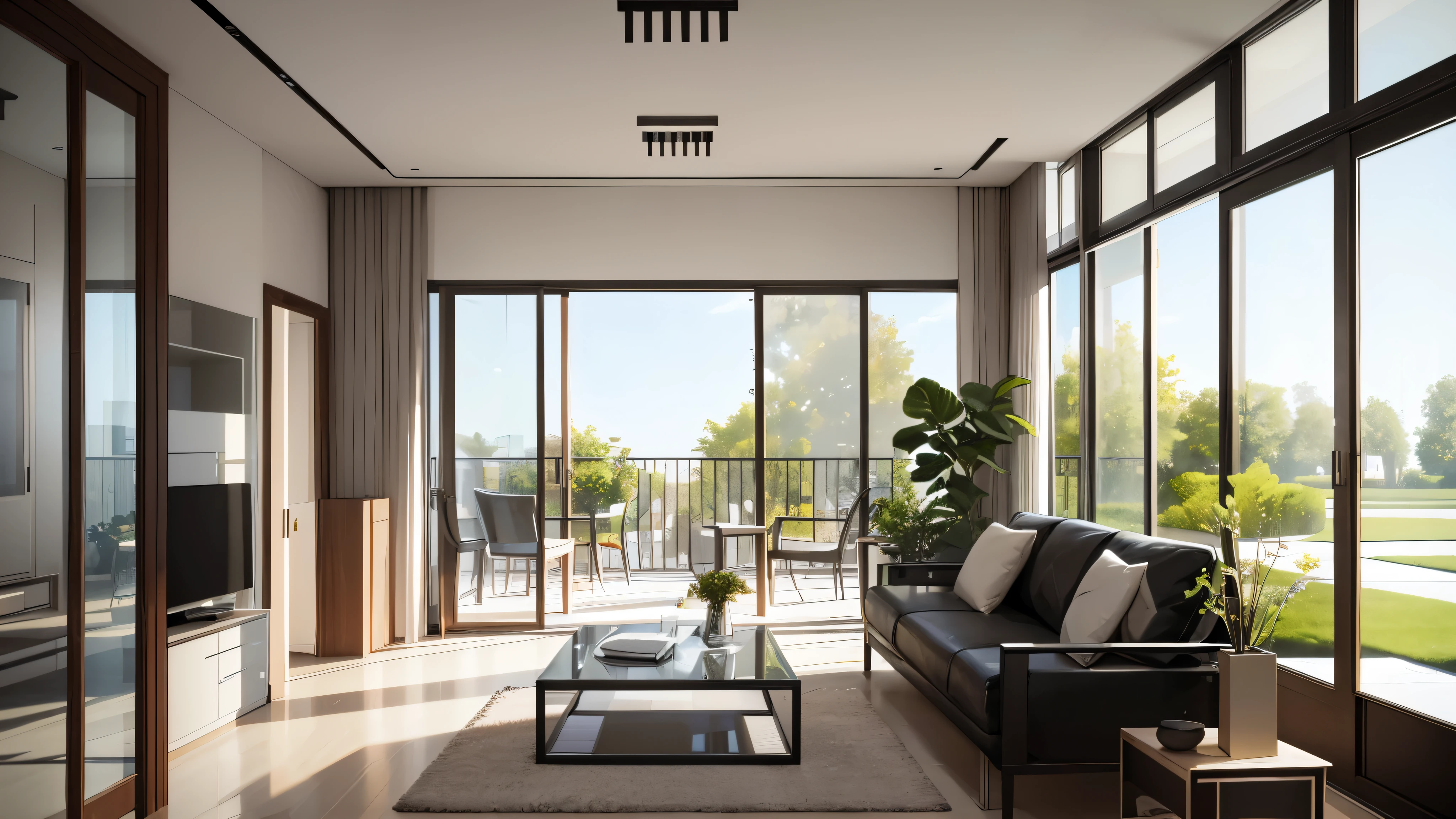 You are a famous interior designer、You have been asked to create a 3D image of a modern large room. Create a harmonious environment with modern and minimalist furniture. Including garden interior.