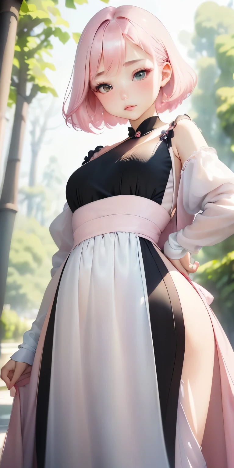 one girl、16talent、perfect anatomy、small face、small nose、plump lips、distinctive hairstyle、light pink hair、small breasts、Black dress、open neck dress、random pose、(((Background that looks like a watercolor painting in pale colors、blurred background)))、highest quality、High resolution、High resolution、cinematic lighting、professional photographer