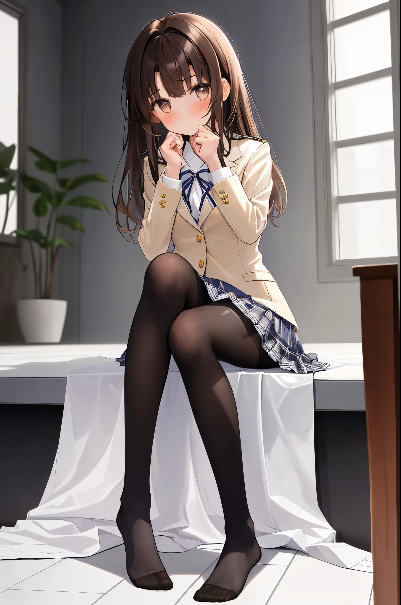 finest, masterpiece, High resolution, (Full body view from head to toe), front, frontやや下からの構図, Symmetrical, 18 year old girl, alone, (whole body from head to toe), (small breasts), messy brown hair, bangs, (black tights), (black pantyhose), (sitting with legs spread apart), (squating pose), (composition showing white panties), (Her legs are spread open and her white panties are visible.), (made to sit on the floor with legs spread), (M-shaped legs), とても美しい18 year old girl, (not wearing shoes), blush, shy big eyes, looking at camera, Blazer Uniform, Plaid pleated skirt