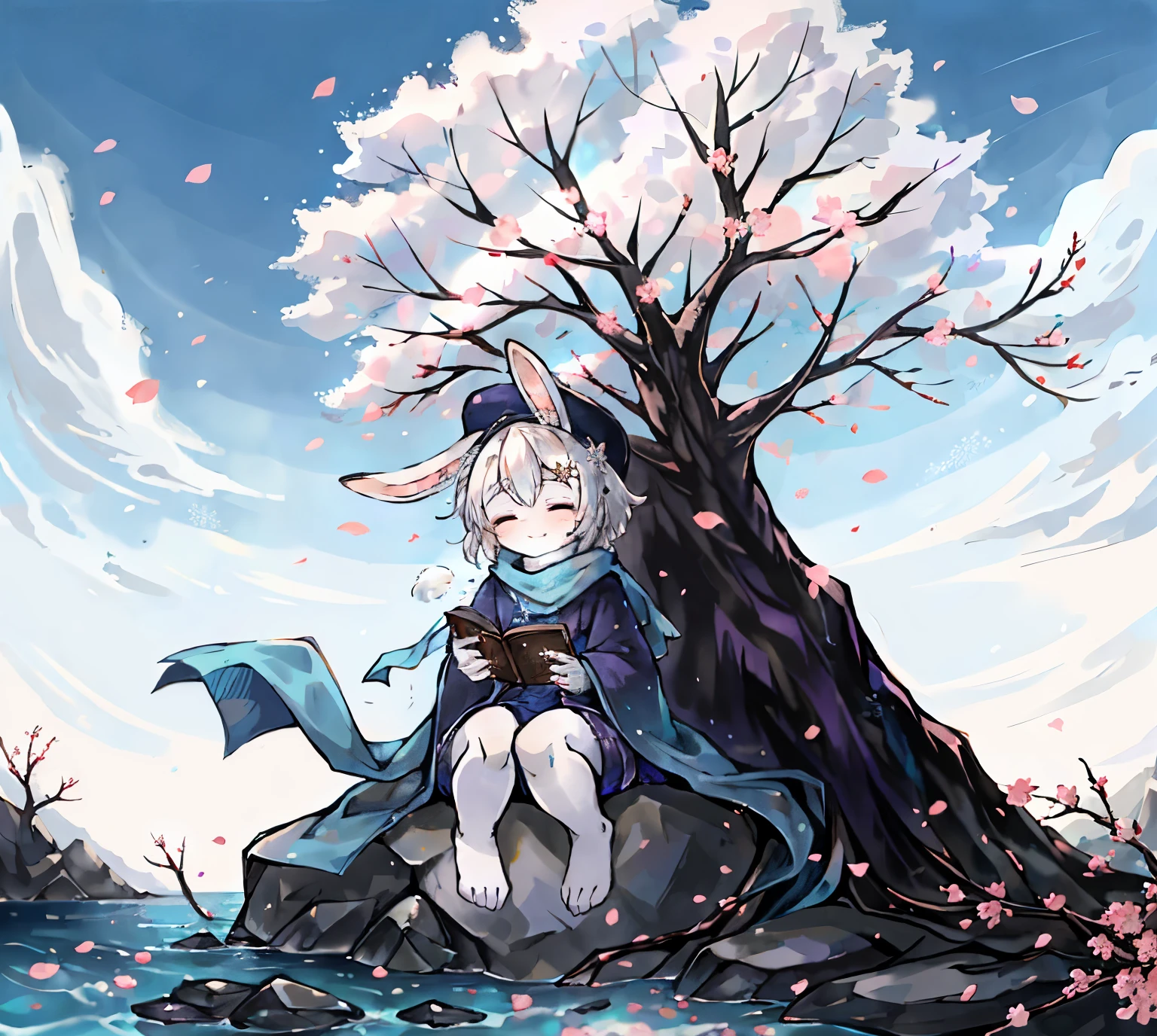 a white rabbit，blue long scarf，blue robe，flowing robe，sitting on a rock，Ocean，close eyes，Flowing scarf，clear blue sky，long bunny ears，fluffy hair，Long-sleeved shirt，Shota，Lovely，white hair，Fluttering petals，HD，spray，quill，snowflake，plum blossom branch，hands holding two books，peach tree，hat，clear facial features，