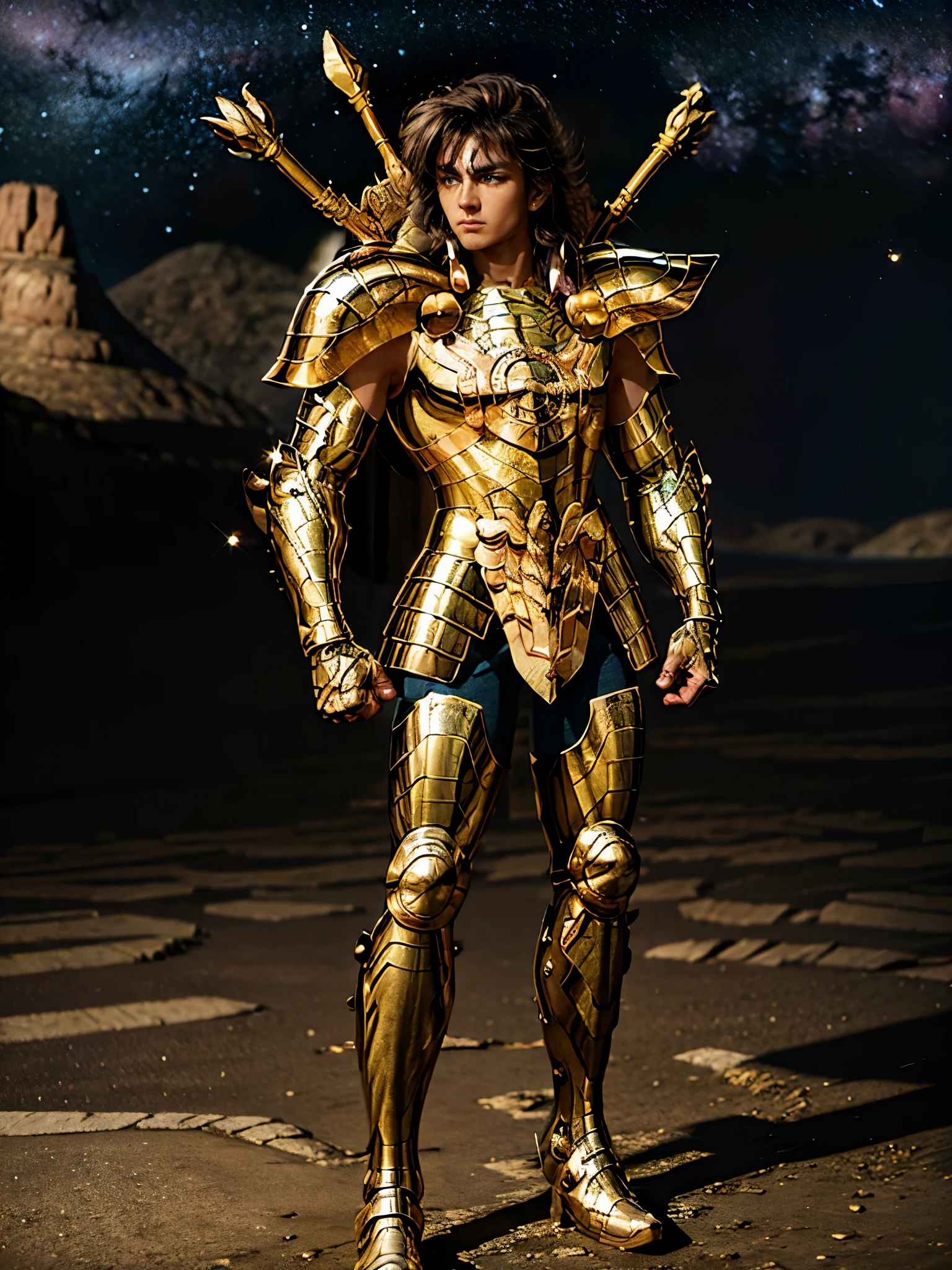 Ultra-high saturation, (tmasterpiece), full body photo, (best quality), (1man), starry sky background, Wearing shiny gold armor, armor type armor shows details of your muscles, showing the belt, showing the armor thigh protector, cool pose, Saint Seiya Armor, messy hair, high detail, real image style, Cinematic lighting, Glitter, god light, Ray traching, filmgrain, hyper HD, skin texture, super detail, Anatomically correct, High resolution, Saturation ultra-high, High contrast, High-shiny green armor, Smooth skin, Serious expression