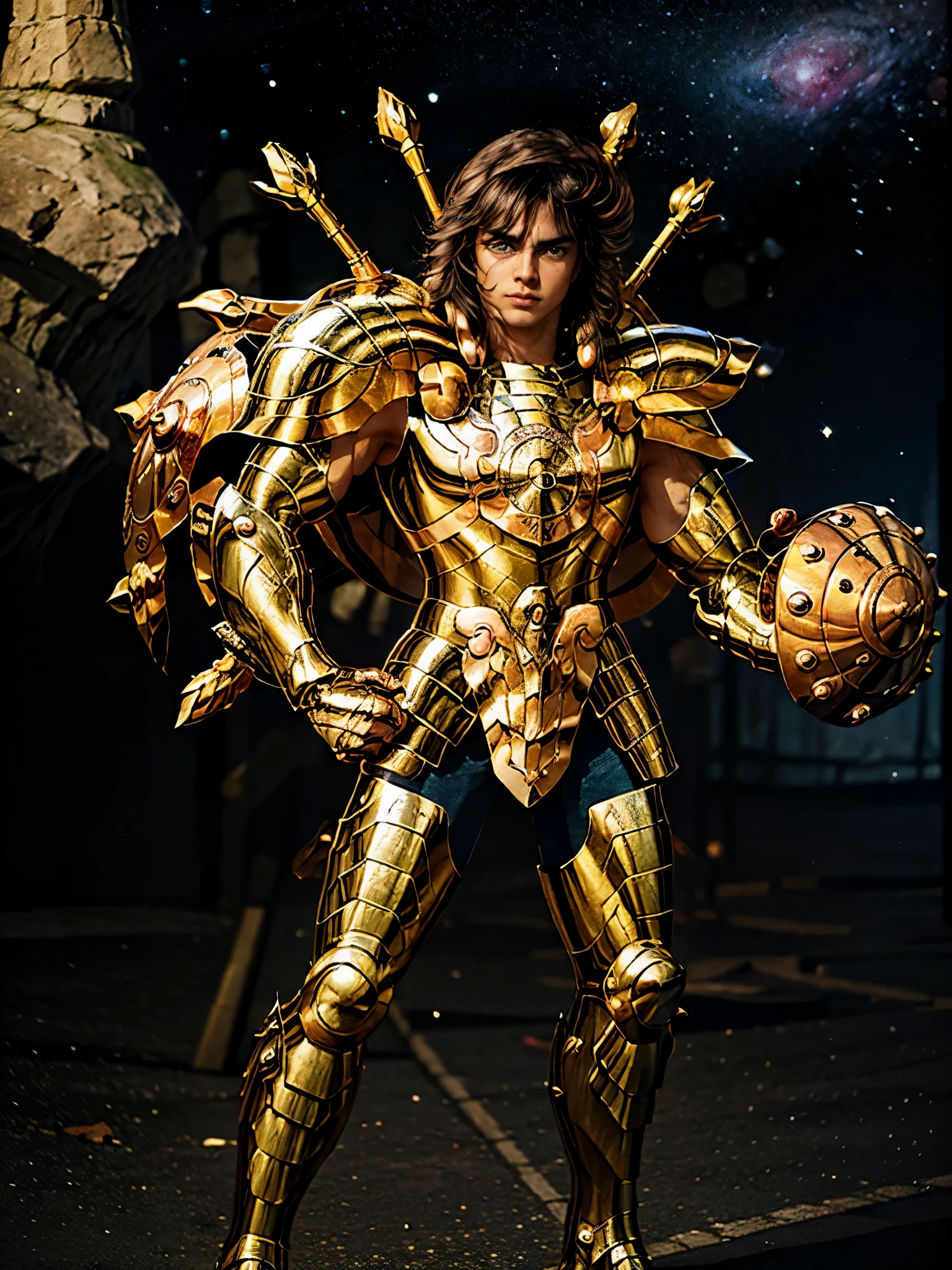 Ultra-high saturation, (tmasterpiece), full body photo, (best quality), (1man), starry sky background, Wearing shiny gold armor, armor type armor shows details of your muscles, showing the belt, showing the armor thigh protector, cool pose, Saint Seiya Armor, messy hair, high detail, real image style, Cinematic lighting, Glitter, god light, Ray traching, filmgrain, hyper HD, skin texture, super detail, Anatomically correct, High resolution, Saturation ultra-high, High contrast, High-shiny green armor, Smooth skin, Serious expression