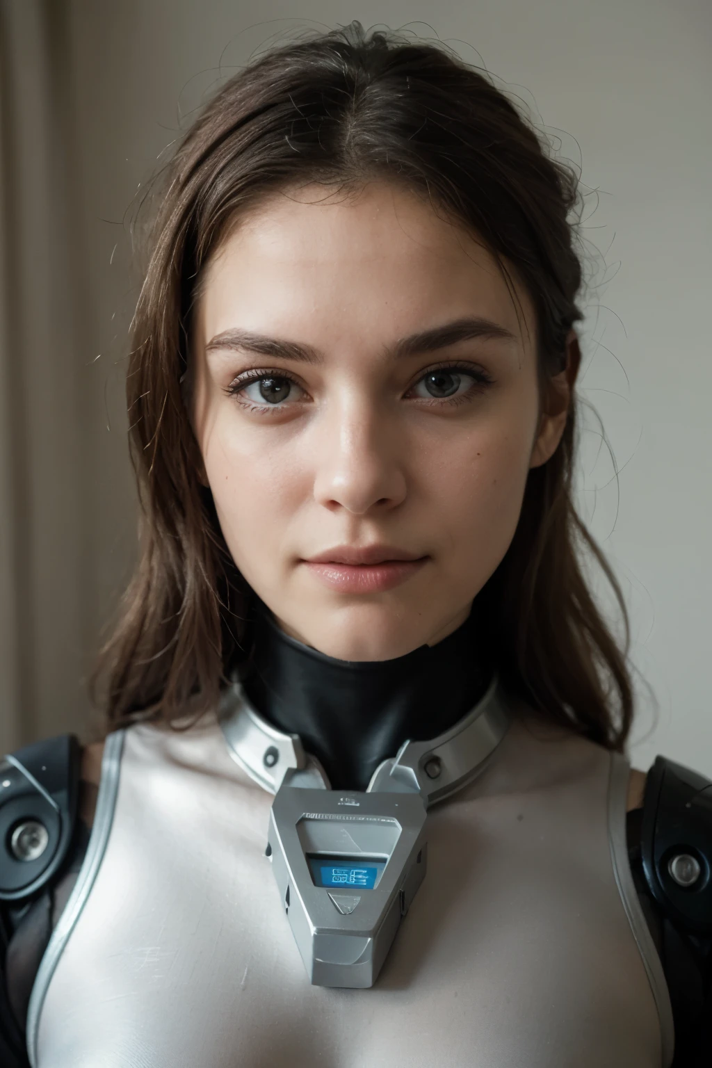 ((best quality)), ((masterpiece)), (detailed)Generate a high-resolution image of a robot face in the style of RoboCop but with feminine facial features and multiple visible mechanical parts across the entire head.