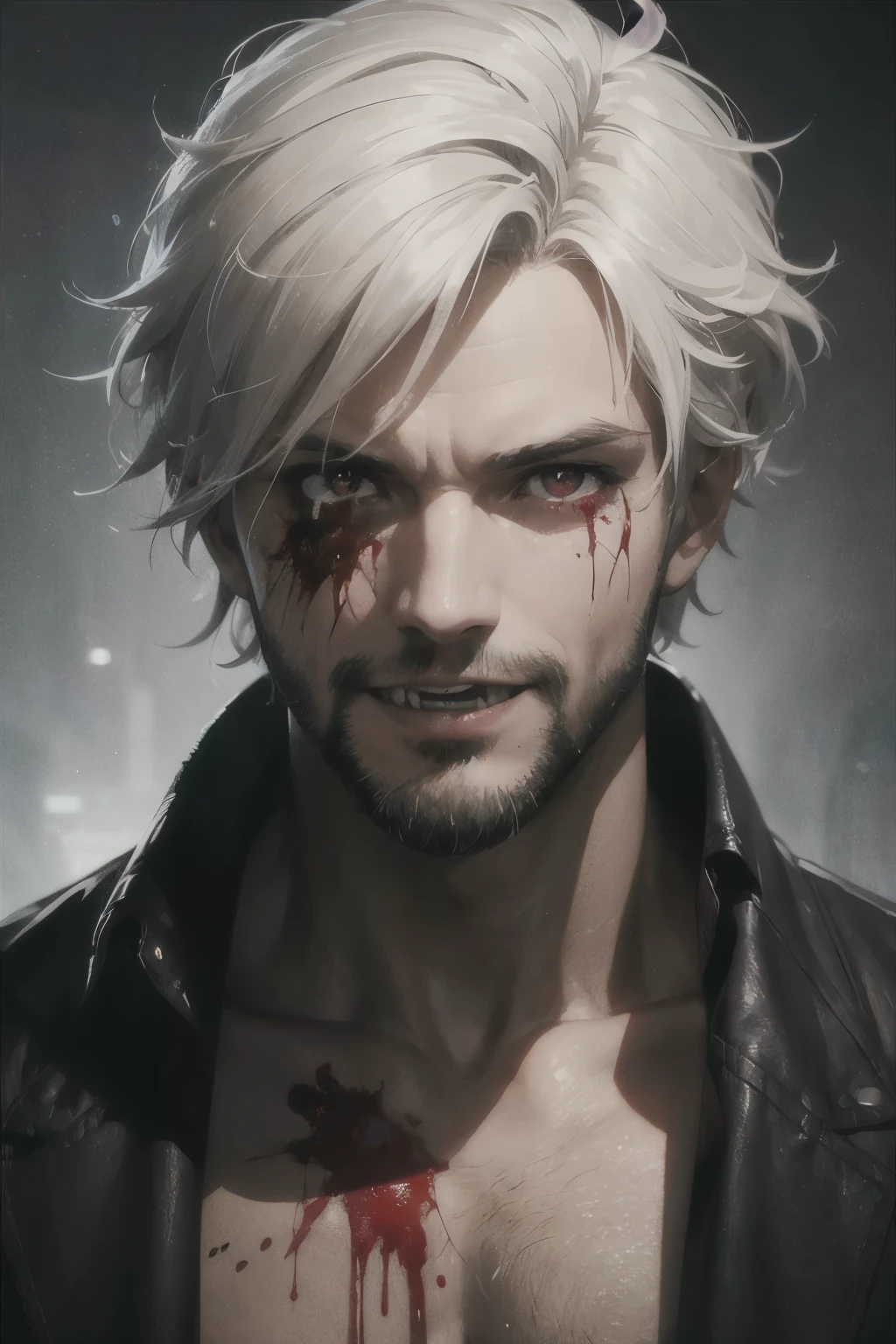 Best Quality, Masterpiece, Ultra-Detailed, 1boy, white hair, short hair, curly hair, white beard, chin beard, short beard, red eyes, mouth covered with blood, bloody skin, smiling, fangs, gothic sci-fi background, gothic sci-fi city background