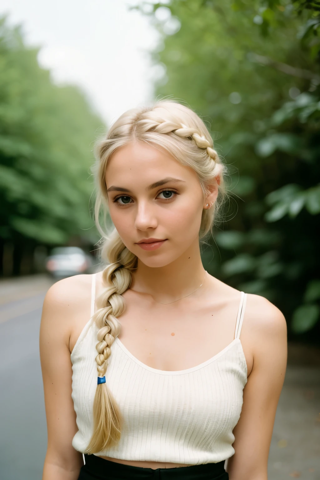 Photo of a woman, (ambivalent expression), ultra textured skin, goosebumps, ash blonde hair with mermaid braid, striped top with neckline and cute mini skirt, face looking flat into camera, full-face, perfect eyes, (ektachrome), Velvia 100 color, shot on Leica T, bokeh, sharp focus on subject, shot by Peter Lindberg
