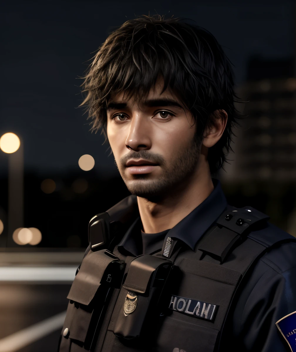 1male, masterpiece, 4k, ultra realistic, policeman, city night background, carlos oliveira, portrait, black shaggy hair