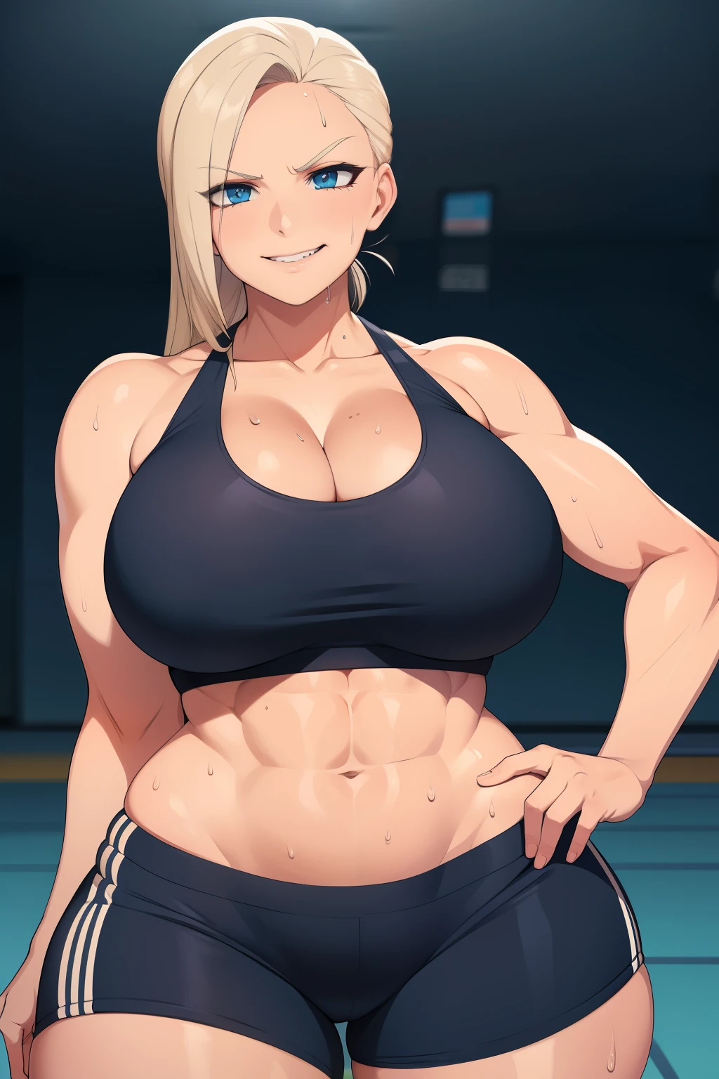 Woman in a sport outfit, sport bra, shorts, sweaty clothes, sweaty, curvy, busty, smirk, evil, thick thighs, abs, looking at viewer