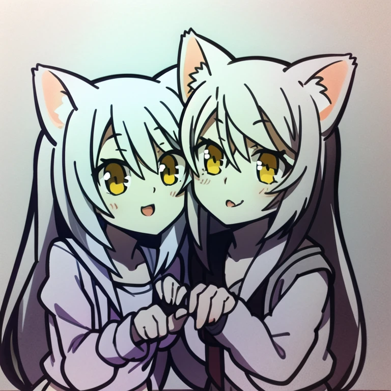 2 girls,Little,Cat ear, kiss,lily, Coffee cup,Symmetrical Pose, tail, rub your head, in a cup,Speak the Heart,