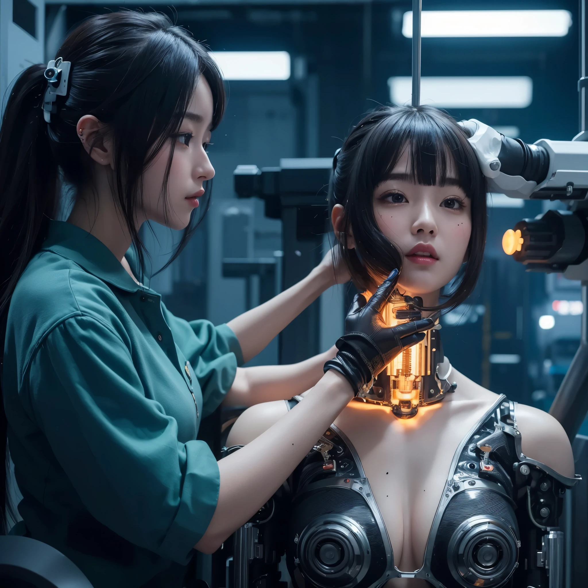 masterpiece, best quality, extremely detailed, 8K portrait,Japaese android girl,Plump , control panels,Blunt bangs,Charging spot,future assembly plant,She has repaired,black sponge joints,android assembly plant,android,laboratory,