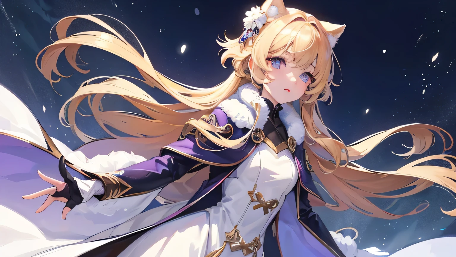 Create a widescreen image of a winter-themed anime girl. character is long, blonde and bright, Expressive eyes full of surprise, look up. She wears stylish clothes, Dark winter coat with fluffy white fur lining the cuffs and collar, and she has elegant gloves. The stage is set in a magical world, A snowy night with snow falling gently around her. in the background, There is a dusk sky with a gradient from warm purple to icy blue, Sparkling with stars and soft light, Makes you feel a gentle winter evening.