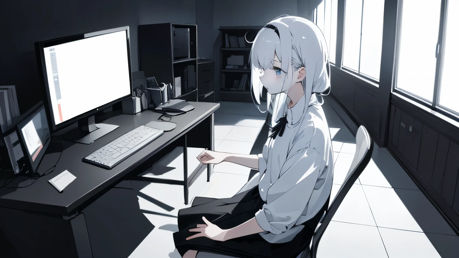 (hacker,anime style,wearing white shirt,black skirt,indoor scene,gloomy look),((UHD HD picture quality,A masterpiece for delicate skin,8k))Character close-up,dark room,dark,sit on the chair,There's a screen next to it,computer。detail,best quality,EXTREMELY CLEAR