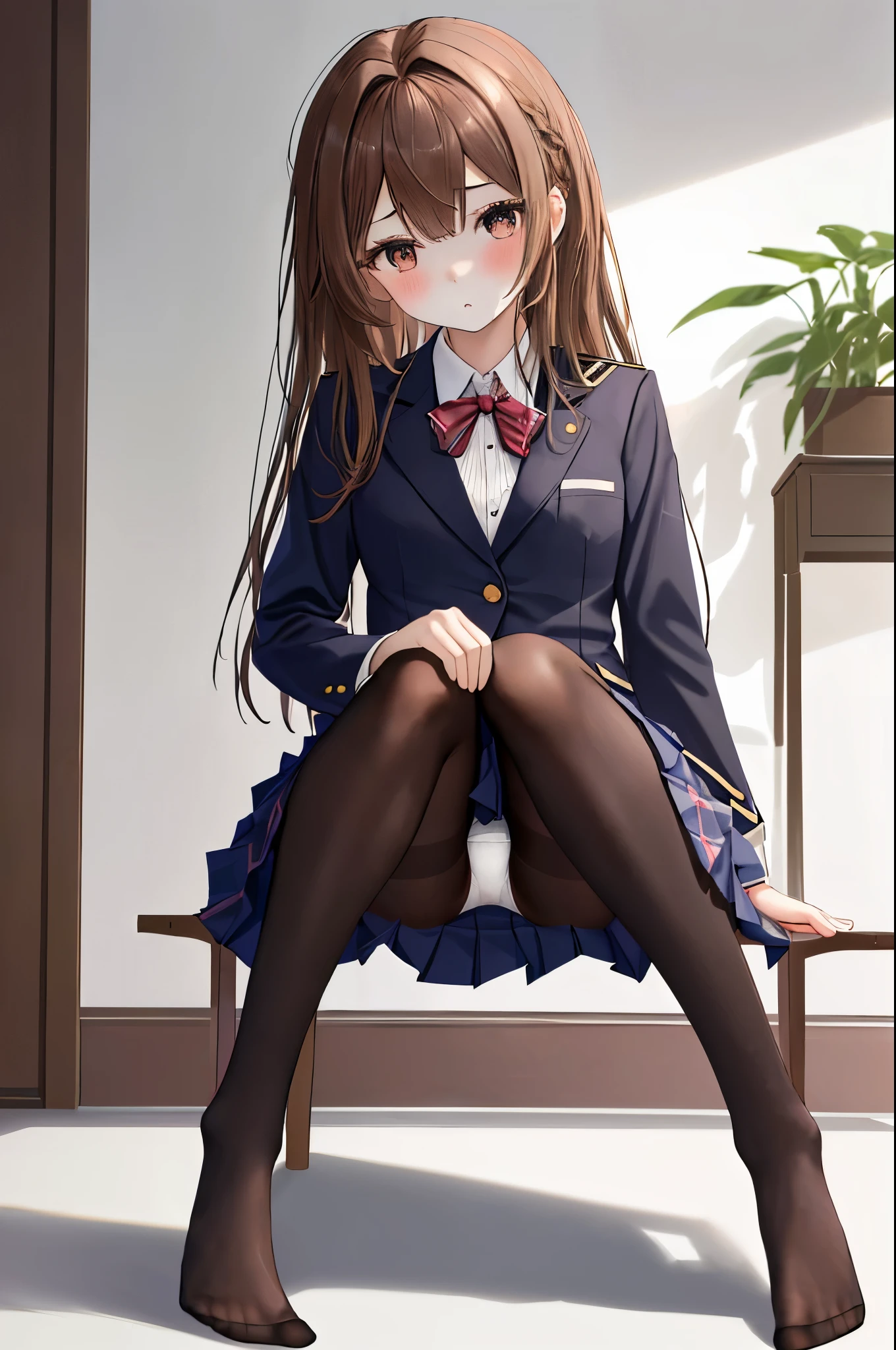 finest, masterpiece, High resolution, (Full body view from head to toe), front, frontやや下からの構図, Symmetrical, 18 year old girl, alone, (whole body from head to toe), (small breasts), messy brown hair, bangs, (black tights), (black pantyhose), (sitting with legs spread apart), (squating pose), (composition showing white panties), (Her legs are spread open and her white panties are visible.), (made to sit on the floor with legs spread), (M-shaped legs), とても美しい18 year old girl, (not wearing shoes), blush, shy big eyes, looking at camera, Blazer Uniform, Plaid pleated skirt