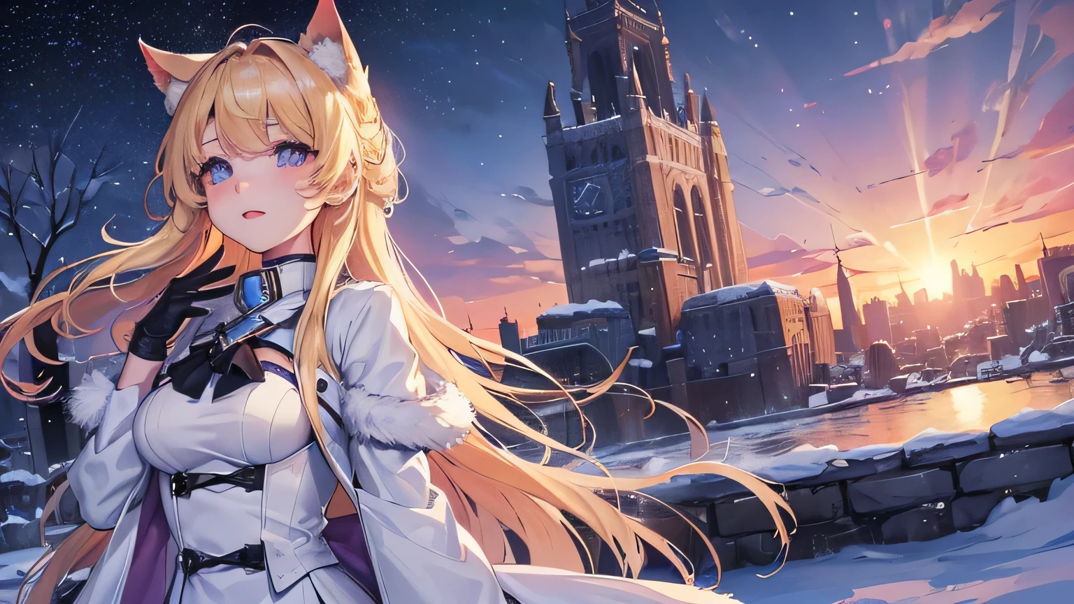 Create a widescreen image of a winter-themed anime girl. character is long, blonde and bright, Expressive eyes full of surprise, look up. She wears stylish clothes, Dark winter coat with fluffy white fur lining the cuffs and collar, and she has elegant gloves. The stage is set in a magical world, A snowy night with snow falling gently around her. in the background, There is a dusk sky with a gradient from warm purple to icy blue, Sparkling with stars and soft light, Makes you feel a gentle winter evening.