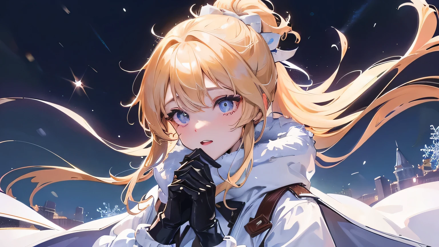 Create a widescreen image of a winter-themed anime girl. character is long, blonde and bright, Expressive eyes full of surprise, look up. She wears stylish clothes, Dark winter coat with fluffy white fur lining the cuffs and collar, and she has elegant gloves. The stage is set in a magical world, A snowy night with snow falling gently around her. in the background, There is a dusk sky with a gradient from warm purple to icy blue, Sparkling with stars and soft light, Makes you feel a gentle winter evening.