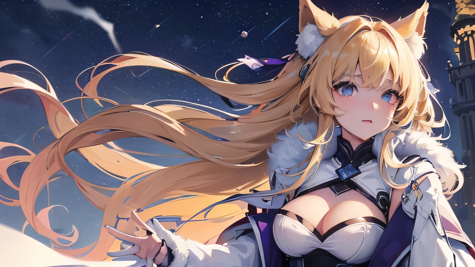 Create a widescreen image of a winter-themed anime girl. character is long, blonde and bright, Expressive eyes full of surprise, look up. She wears stylish clothes, Dark winter coat with fluffy white fur lining the cuffs and collar, and she has elegant gloves. The stage is set in a magical world, A snowy night with snow falling gently around her. in the background, There is a dusk sky with a gradient from warm purple to icy blue, Sparkling with stars and soft light, Makes you feel a gentle winter evening.