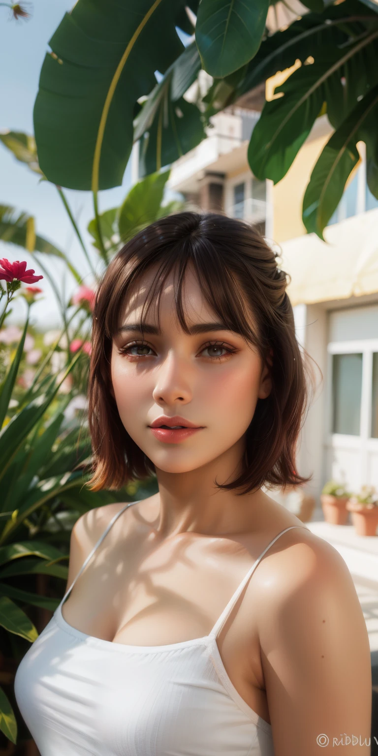 Realista, 1 chica, pelo blanco, ojos morados, ojos brillantes, top corto, bermudas, Labios partidos, rubor, noche, flores, sol, sollight desnuda