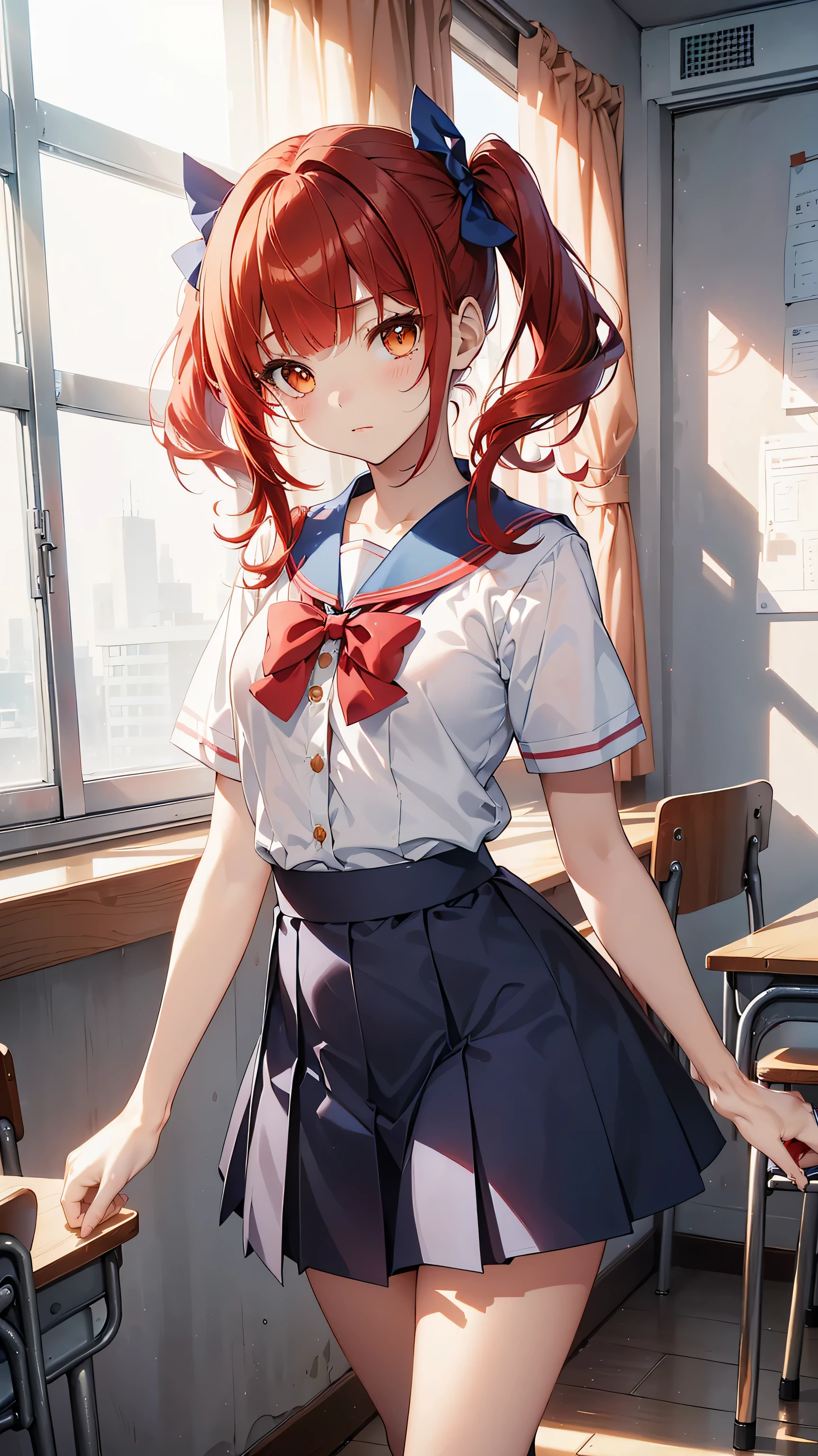 ((Calidad superior, ultra detallado, high resolution, CG extremadamente detallado, fondo de pantalla de unidad 8k, por artista famoso, perfect anatomy, super detailed skin, cinematic lighting, HD, retina, anatomically correct, 1080P)), (Por favor, draw a single happy girl walking in a school classroom. :1.3), ((1 chica)), (Solo, rostro,13歳:2.0), un estudiante de secundaria, Androgynous Amulet, (pelo medio, ((pelo rojo completo)) ((pelirrojo)), coletas, flequillo recto, with a little bow in her hair) Extremidades completas, dedos completos, ((Dedos perfectos)), pecho plano, Cuerpo infantil, Small rear, ingle, Hermosos ojos llenos de oro amarillo detallados., ojos perfectos, uniforme escolar marinero blanco y azul ((la blusa es blanca, la falda es azul, lazo rojo en la blusa, Cuello marinero azul, mangas cortas:)) (Detailed lighting), (antecedentes detallados), (en la zona escolar), vista de cuerpo completo, de pie, piernas, zapatos uwabaki. lindo, chica soltera kawaii (una chica), Toma de cuerpo completo. El fondo es la escuela., cuerpo delantero, I want to see her walking and see her in a vista de cuerpo completo, Medias negras hasta la rodilla, ((thin piernas)), ((Flaco)) (cuerpo de 13歳)). ((Cuerpo )) ((kawaii, lindo, bidding)) (( Size))