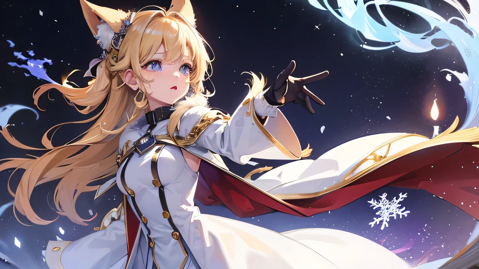 Create a widescreen image of a winter-themed anime girl. character is long, blonde and bright, Expressive eyes full of surprise, look up. She wears stylish clothes, Dark winter coat with fluffy white fur lining the cuffs and collar, and she has elegant gloves. The stage is set in a magical world, A snowy night with snow falling gently around her. in the background, There is a dusk sky with a gradient from warm purple to icy blue, Sparkling with stars and soft light, Makes you feel a gentle winter evening.