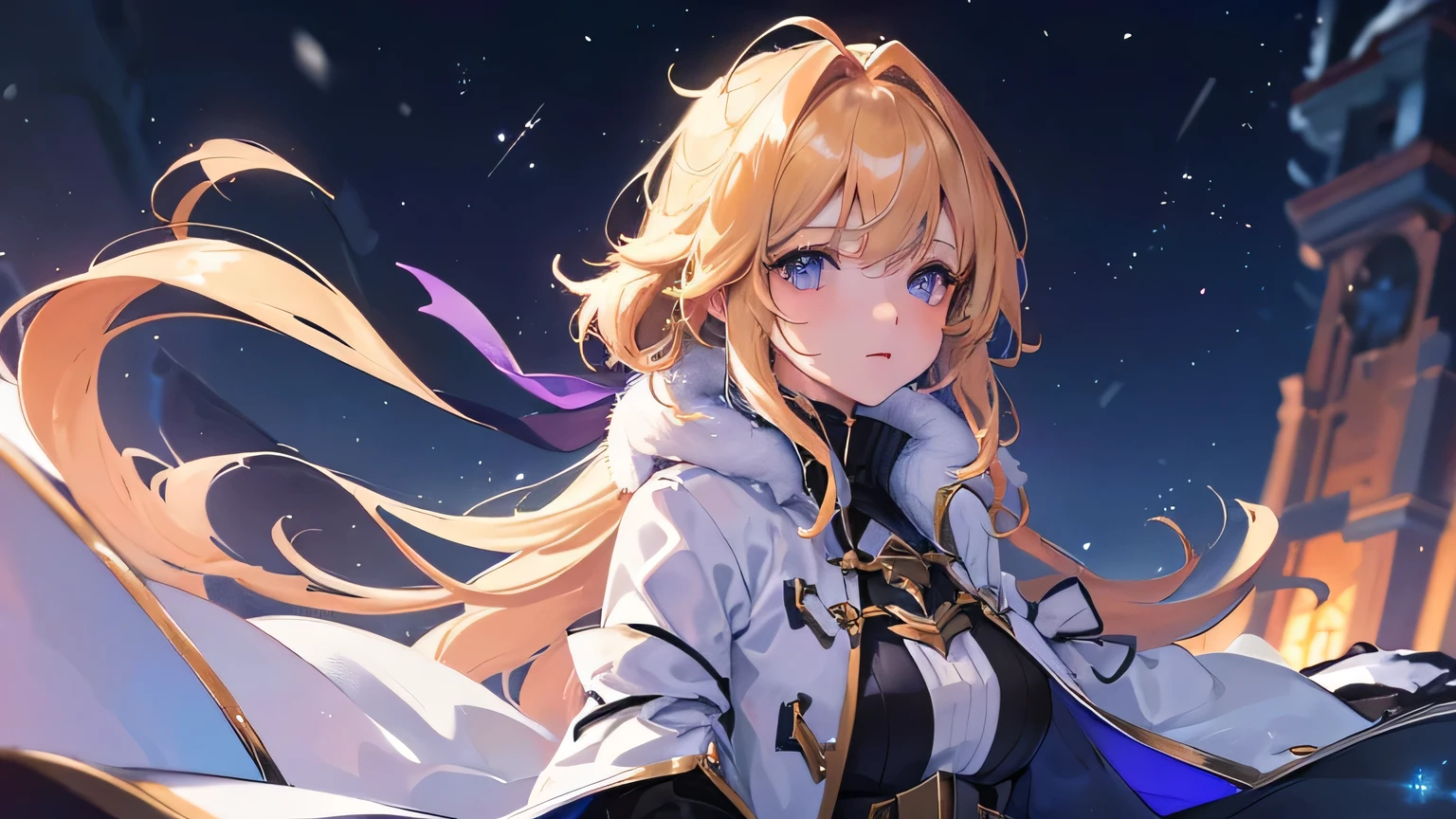 Create a widescreen image of a winter-themed anime girl. character is long, blonde and bright, Expressive eyes full of surprise, look up. She wears stylish clothes, Dark winter coat with fluffy white fur lining the cuffs and collar, and she has elegant gloves. The stage is set in a magical world, A snowy night with snow falling gently around her. in the background, There is a dusk sky with a gradient from warm purple to icy blue, Sparkling with stars and soft light, Makes you feel a gentle winter evening.