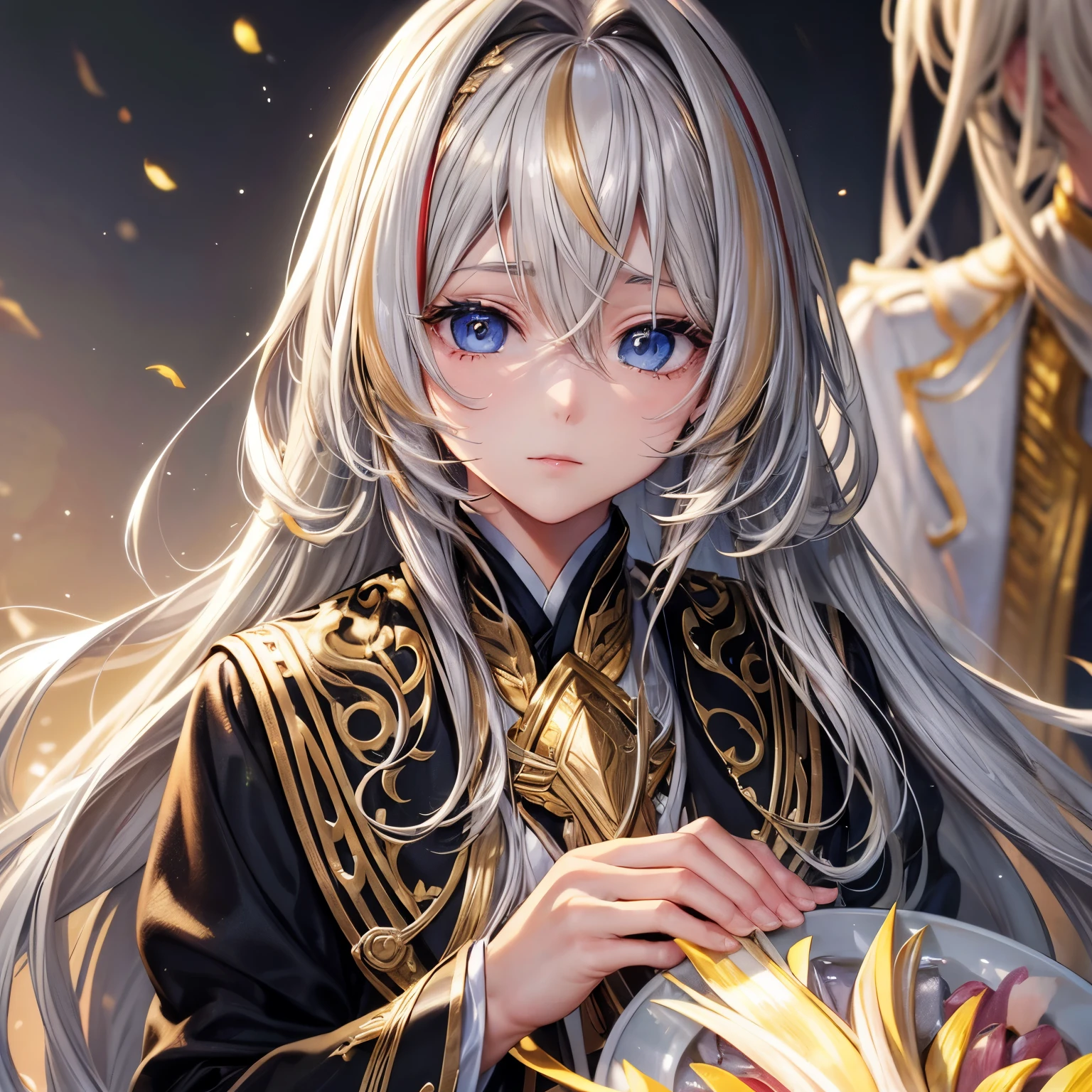 silver hair, ((highlights hair, GOLD streaked hair))、beautiful eyes、There&#39;s light、Highest image quality of eyes、own hands together,