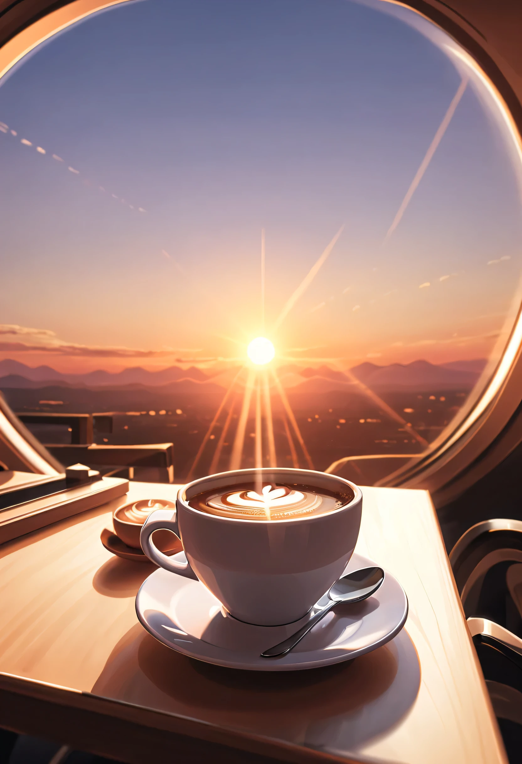 Coffee and Sunrise/Sunset: A spaceship in sky. Capture the warm, soft light of a sunrise or sunset illuminating your coffee cup for a serene and calming image.