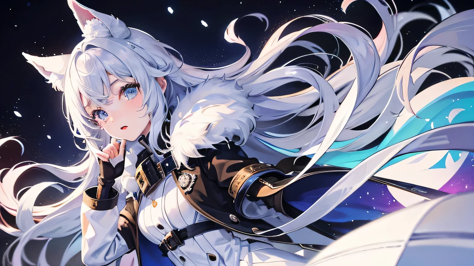 Create a widescreen image of a winter-themed anime girl. character is long, silver-haired and bright, Expressive eyes full of surprise, look up. She wears stylish clothes, Dark winter coat with fluffy white fur lining the cuffs and collar, and she has elegant gloves. The stage is set in a magical world, A snowy night with snow falling gently around her. in the background, There is a dusk sky with a gradient from warm purple to icy blue, Sparkling with stars and soft light, Makes you feel a gentle winter evening.
