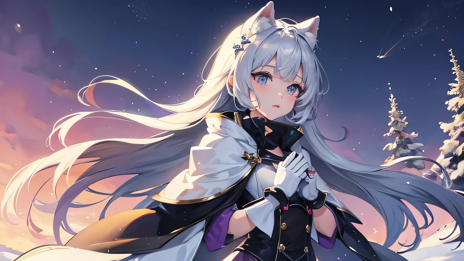 Create a widescreen image of a winter-themed anime girl. character is long, silver-haired and bright, Expressive eyes full of surprise, look up. She wears stylish clothes, Dark winter coat with fluffy white fur lining the cuffs and collar, and she has elegant gloves. The stage is set in a magical world, A snowy night with snow falling gently around her. in the background, There is a dusk sky with a gradient from warm purple to icy blue, Sparkling with stars and soft light, Makes you feel a gentle winter evening.