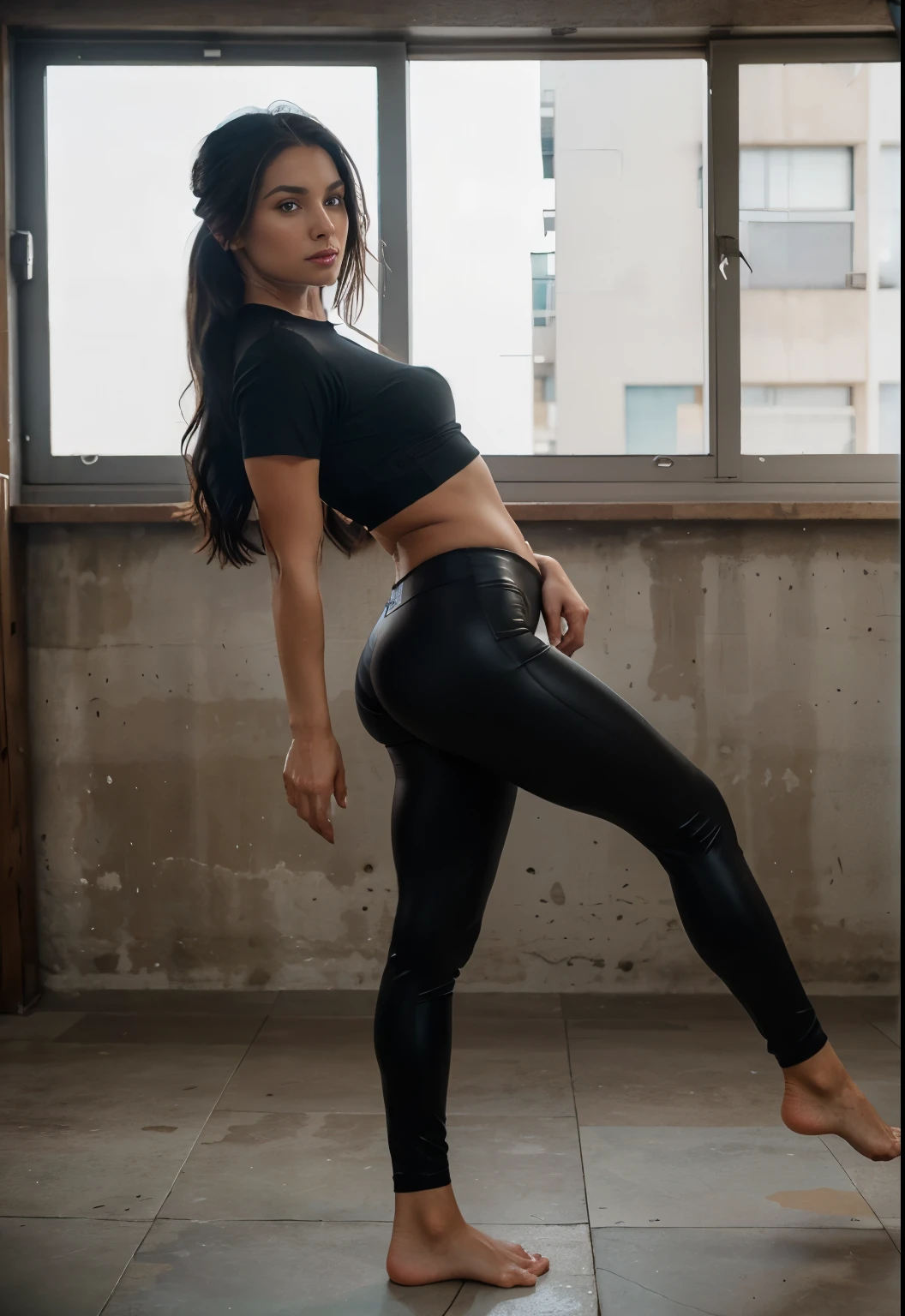 SFW, mejor calidad, ultra-high-resolution, cara y ojos ultra detallados, (fotorrealista: 1.4), 1girl, 18 years old girl, ((fondo de una pista de BMX), (Yoga Practice: 1.4), uniforme deportivo, desde el frente, (negro: blanco: pantalones de yoga verdes como lululemon: 1.2), (gris claro: cabello negro: 1.4), mirando al espectador, sonriente, lindo, little guy, (piernas largas), smal boobs, cintura estrecha,