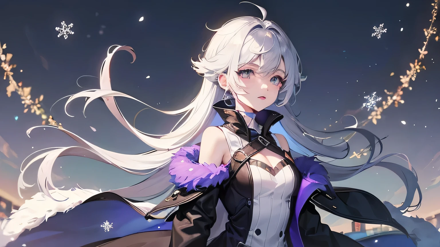 Create a widescreen image of a winter-themed anime girl. character is long, silver-haired and bright, Expressive eyes full of surprise, look up. She wears stylish clothes, Dark winter coat with fluffy white fur lining the cuffs and collar, and she has elegant gloves. The stage is set in a magical world, A snowy night with snow falling gently around her. in the background, There is a dusk sky with a gradient from warm purple to icy blue, Sparkling with stars and soft light, Makes you feel a gentle winter evening.