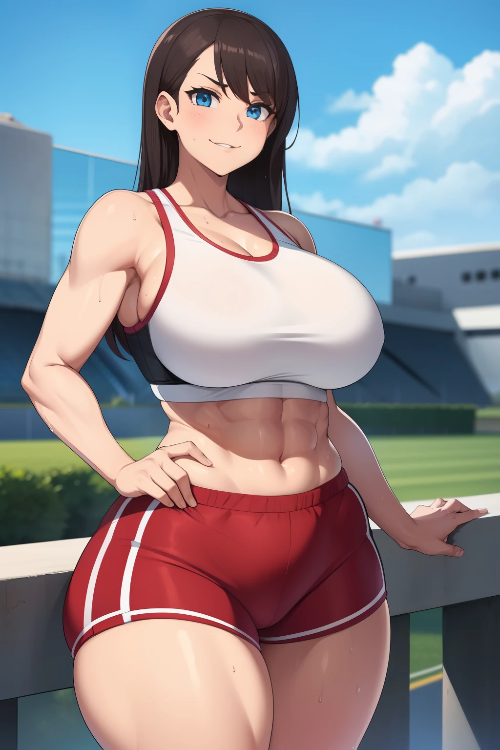 Woman in a sport outfit, sport bra, shorts, sweaty clothes, sweaty, curvy, busty, smirk, evil, thick thighs, abs, looking at viewer