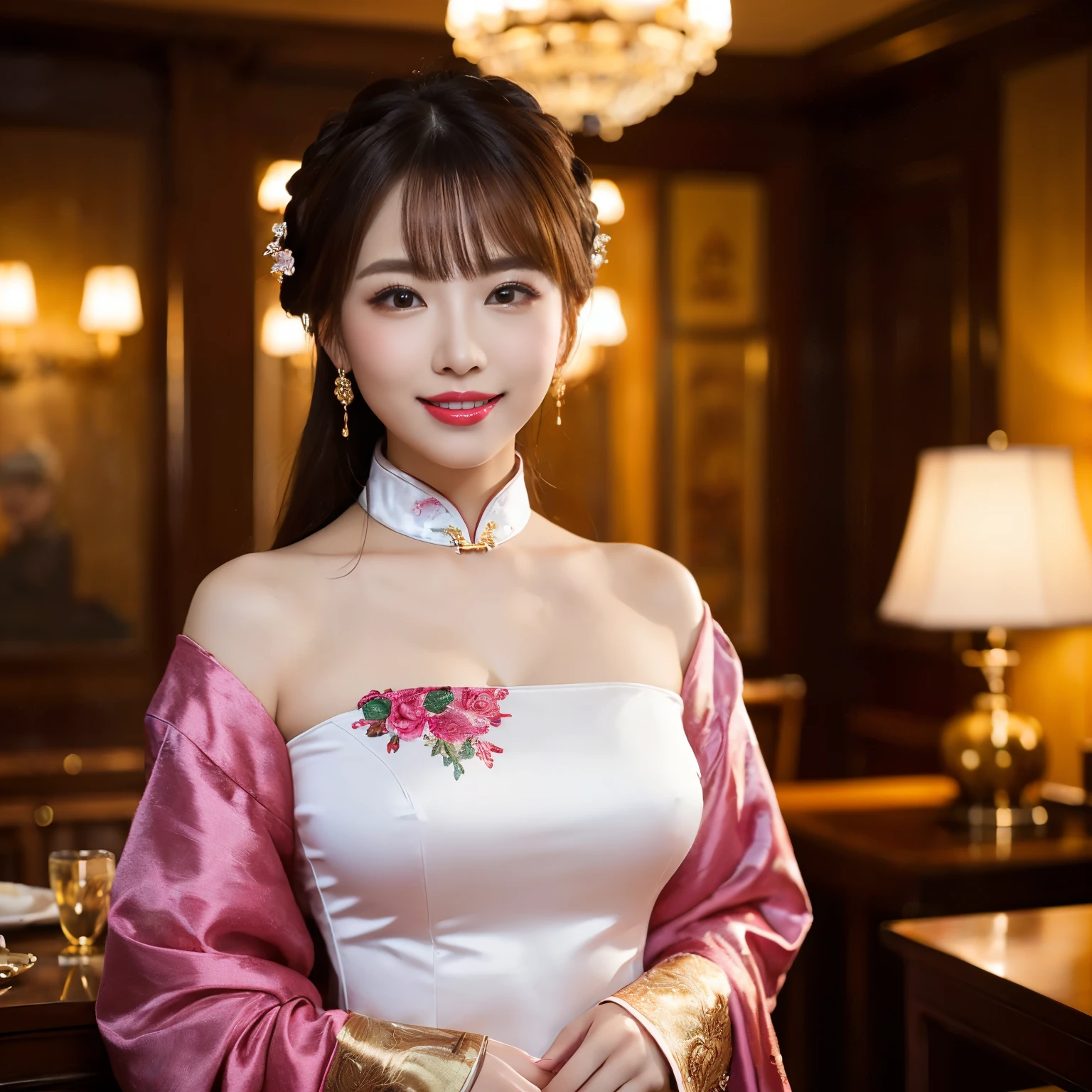 ((highest quality、table top、8K、best image quality、extremely complex and detailed depiction))、(Describe the upper body of a prostitute:1.5)、Inside the magnificent Chinese Garrison、((the most gorgeous prostitute costumes、the most luxurious and luxurious、The most luxurious Chinese-style garrison、Luxurious red shining Chinese garrison housing、The interior of a very luxurious and expansive garrison in the background、very luxurious chinese architecture、very intricate decoration、Very clear interior of the garrison))、(Look at me、bewitching smile、perfect makeup、long eyelashes、pink lipstick、pink eyeshadow)、(accurate anatomy:1.3)、(accurate and perfect outfit:1.3)、great movie lighting、(Clear and detailed background:1.3)