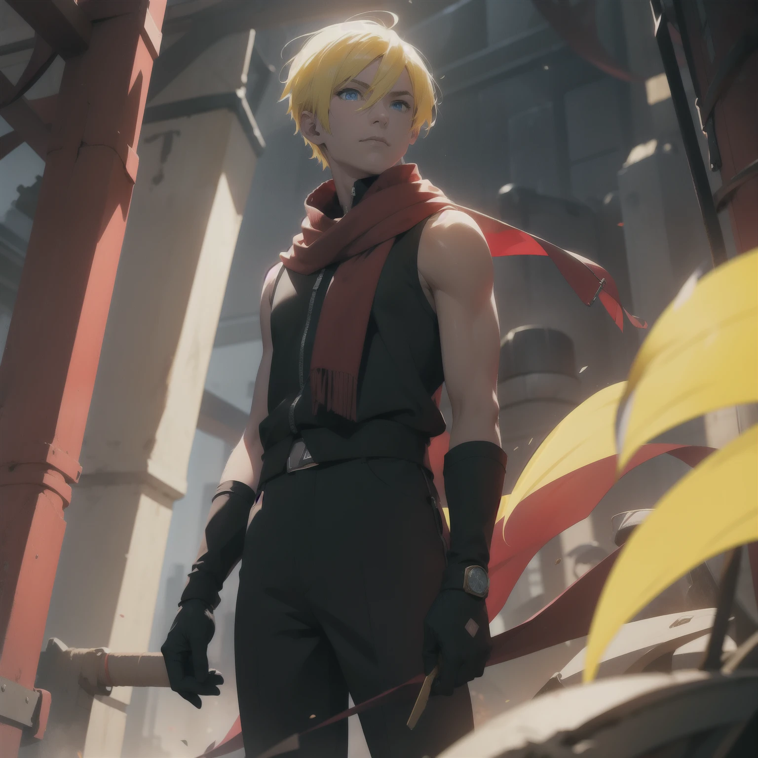 (26 years old), (male), (Yellow hair), (Blue eyes), (Straight Hair), (Short hair), red scarf, red vest, sleeveless, black pants, black gloves, slim, up to legs