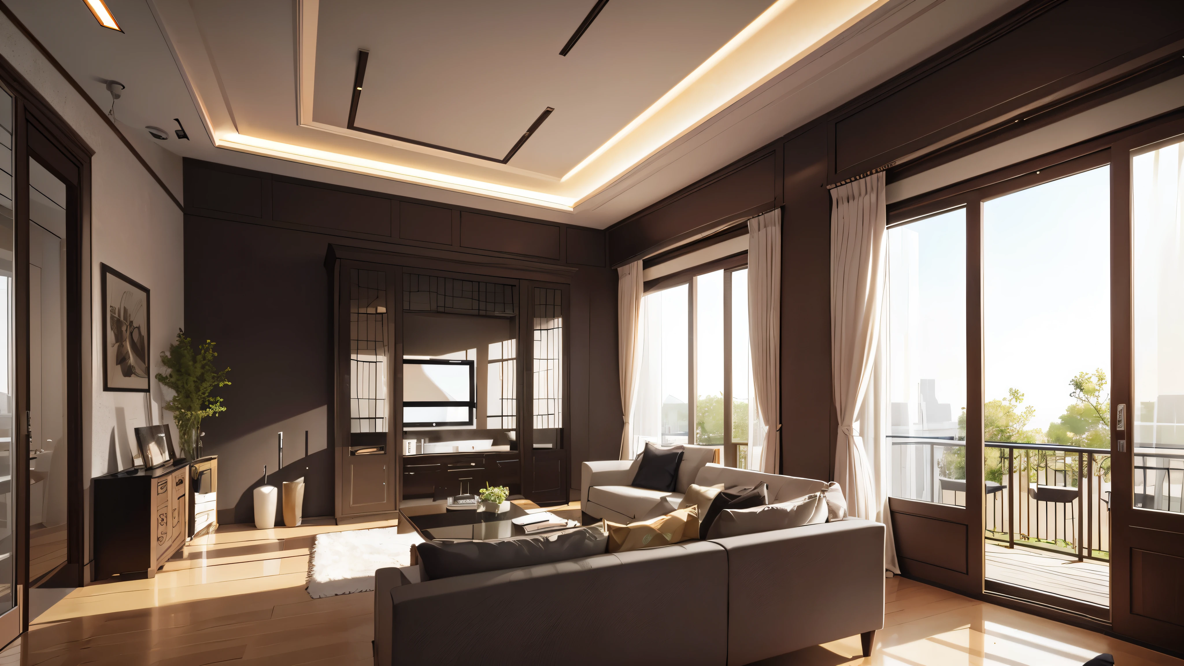 You are a famous interior designer、You have been asked to create a 3D image of a modern large room. Create a harmonious environment with modern and minimalist furniture. Including garden interior.