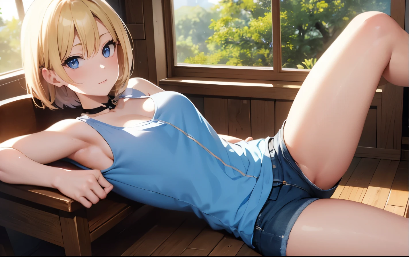 High resolution, 2D anime style,,blue eyes beautiful eyes,high and beautiful nose,thin face,blonde boyish short hair,Cool adult woman,chest is a little big,She looks very happy,bite'lips,she narrows her eyes,Fashion that shows cleavage,open shirt and shorts,study at a desk by the window,sit on a chair,I'Iはイヤホンをつけています,In a forest house surrounded by nature