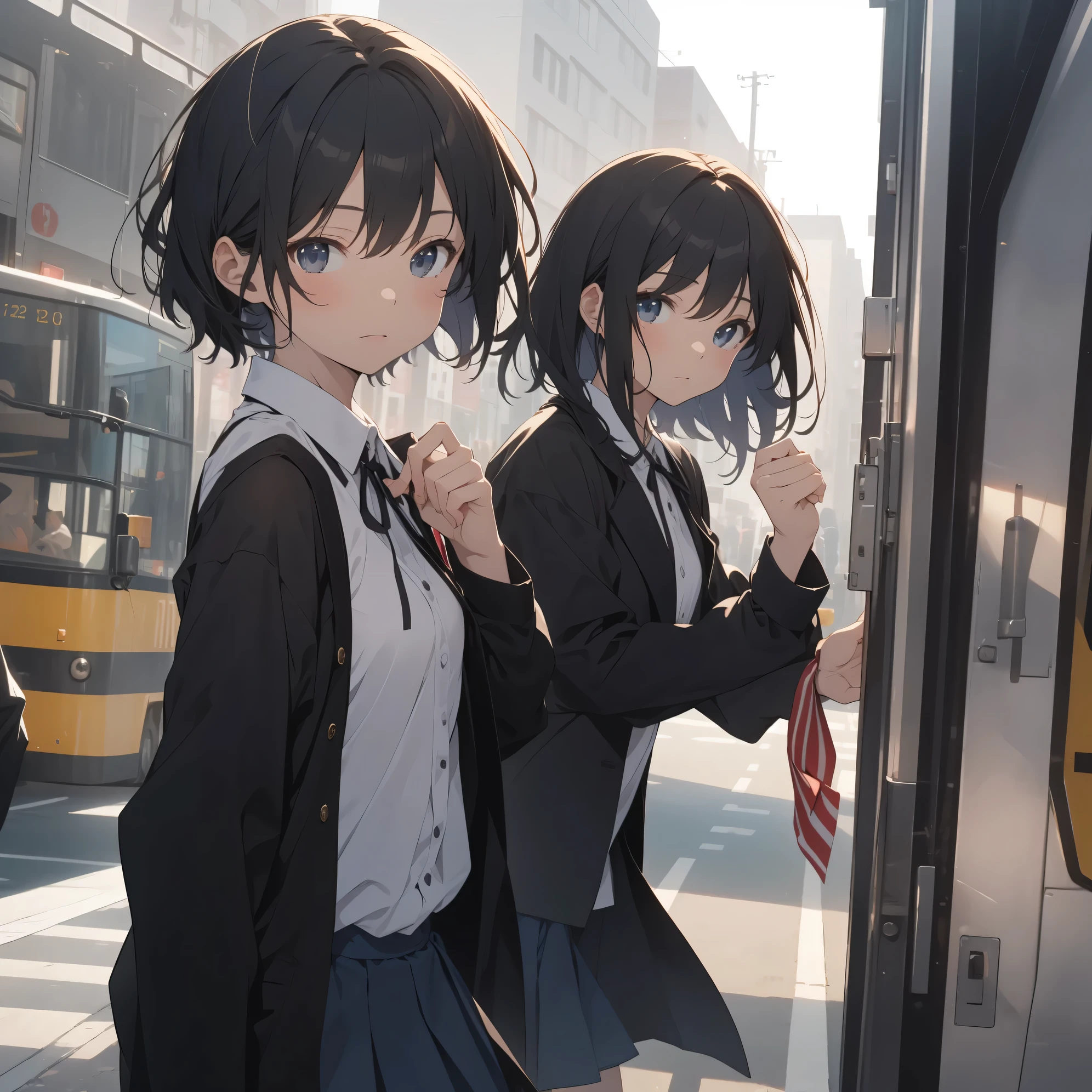 Super high quality by the art god, super detailed, High resolution, anime moe art style, best anime 8K konachan wallpaper, pixiv contest winner, perfect anatomy, break,(眠そうにalone学校へ行く女の子を描いてください. )break, 1 girl, (alone,little woman, lolita, , 13 years old:1.3),All limbs, full finger,, The charm of an immature body, (very short hair), flat chest, small ass, between legs, Small black eyes, beautiful and fine eyes, Well-proportioned iris and pupils, expressive eyes, disgusted eyes, High resolutionの詳細な髪, ribbon, skirt, collared shirt, hair ornaments, neck ribbon, pleated skirt, school uniform, shirt, white shirt, (detailed lighting), (detailed background), On the way to school. break,super dense skin, Best lighting by famous artists, 8K, figure,UHD, rough skin