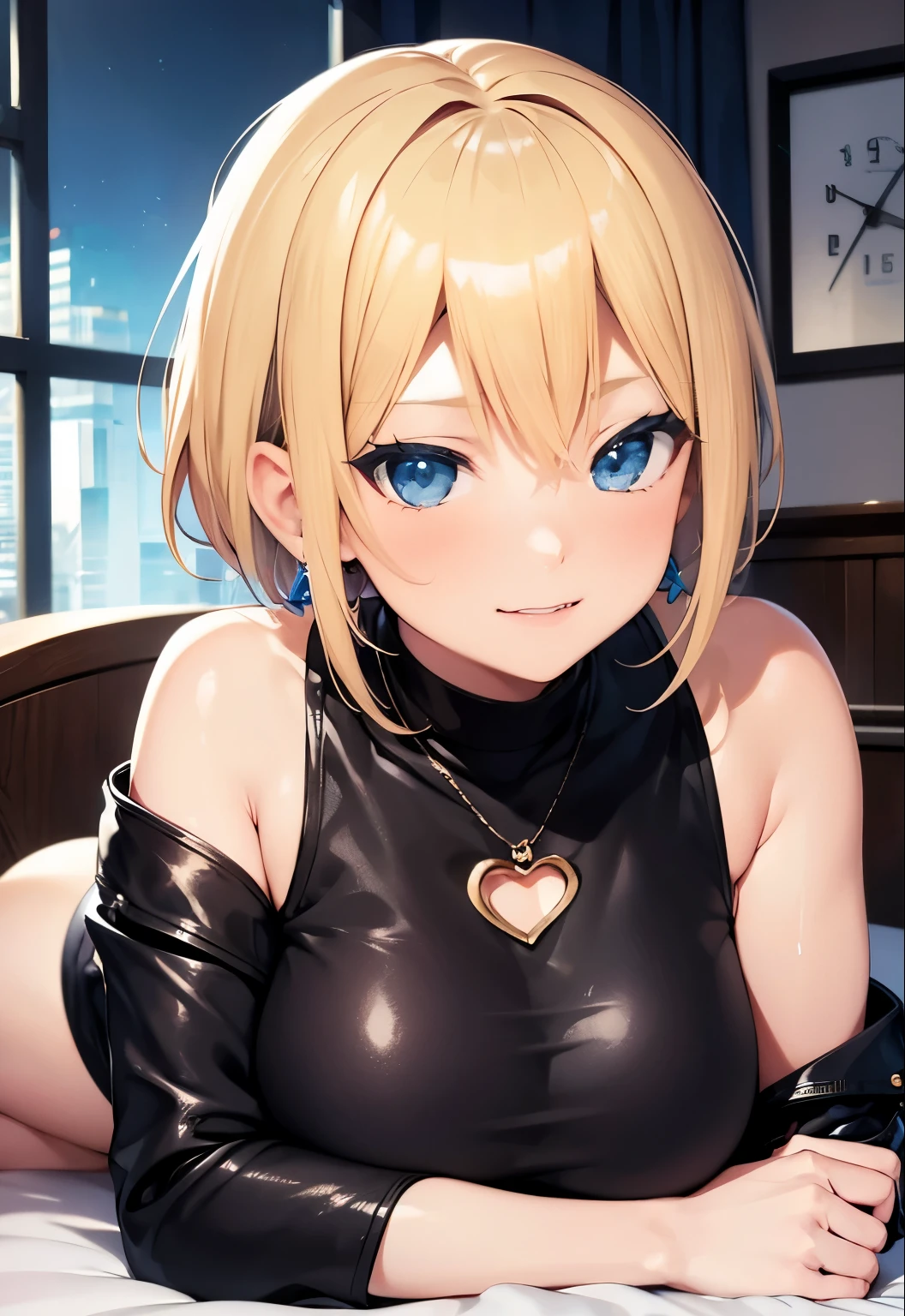 High resolution, 2D anime style,,blue eyes beautiful eyes,high and beautiful nose,Skinny face,blonde boyish short hair,cool woman,beautiful earrings,beautiful clock,Chest is slightly larger,she looks very sleepy,she is smiling a little,biting one&#39;s lips,blush,she narrows her eyes, she is biting her nails,Fashion that shows off your stomach,she is wearing a black leather jacket.,,sitting on the bed,bedroom at night