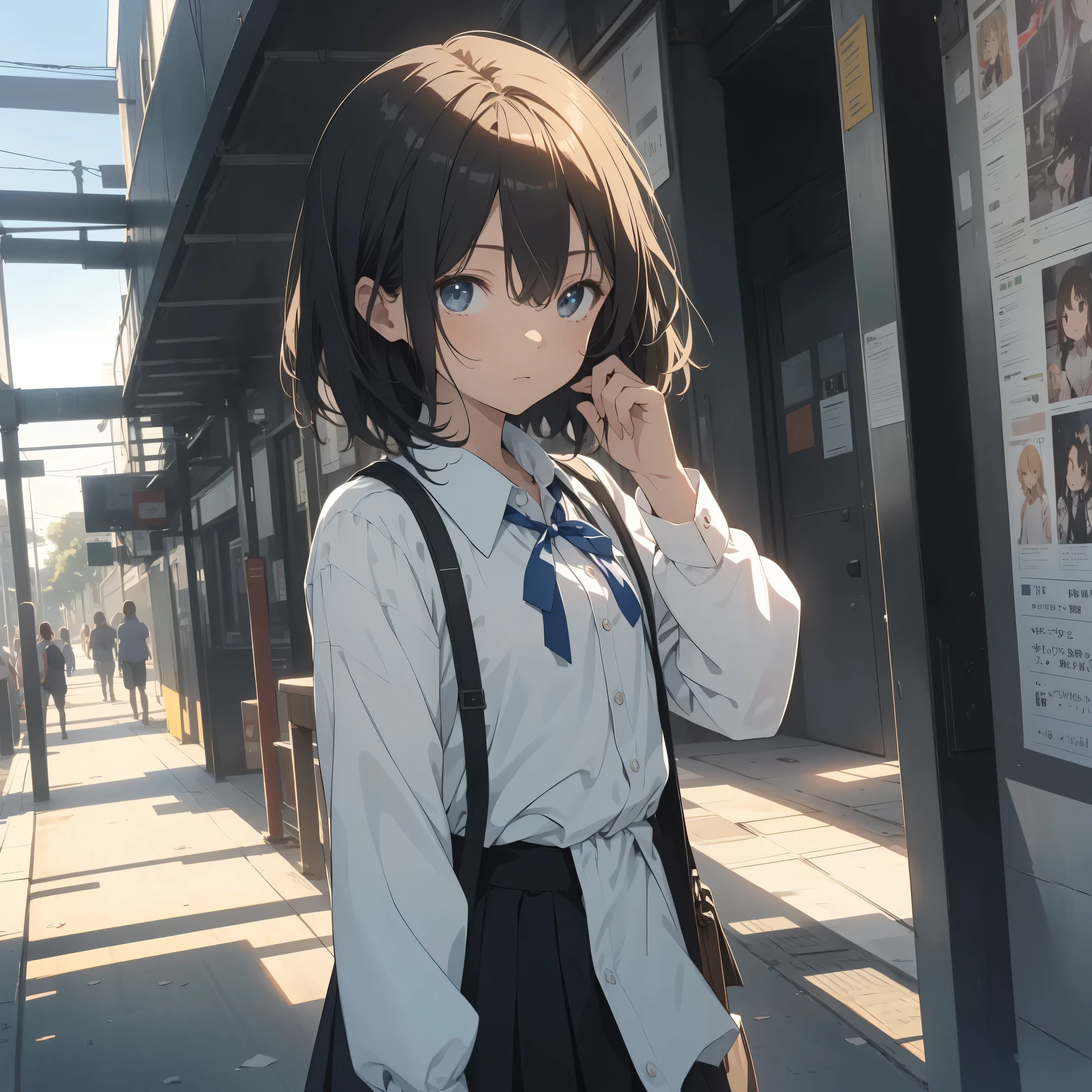 Super high quality by the art god, super detailed, High resolution, anime moe art style, best anime 8K konachan wallpaper, pixiv contest winner, perfect anatomy, break,(眠そうにalone学校へ行く女の子を描いてください. )break, 1 girl, (alone,little woman, ta, , 13 y),All limbs, full finger,, The charm of an immature body, (very short hair), flat chest, small ass, between legs, Small black eyes, beautiful and fine eyes, Well-proportioned iris and pupils, expressive eyes, disgusted eyes, High resolutionの詳細な髪, ribbon, skirt, collared shirt, hair ornaments, neck ribbon, pleated skirt, school uniform, shirt, white shirt, (detailed lighting), (detailed background), On the way to school. break,super dense skin, Best lighting by famous artists, 8K, figure,UHD, rough skin