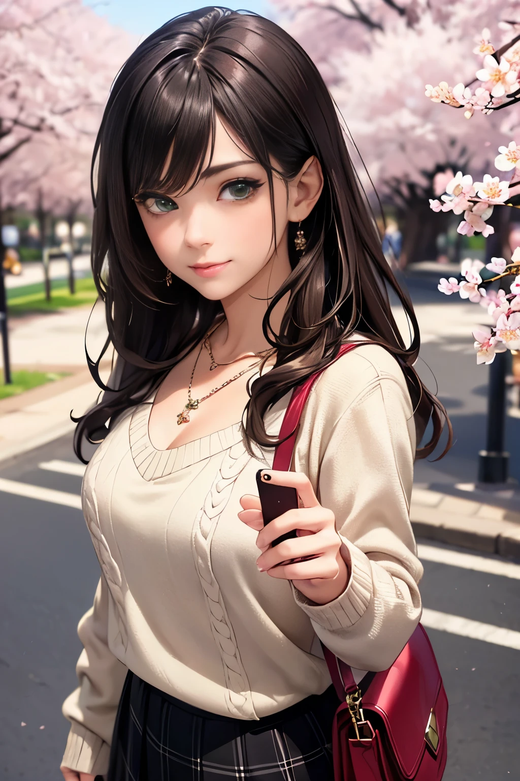 ((table top, highest quality, High resolution, nffsw, perfect pixel, written boundary depth, 4K, nffsw, nffsw))), 1 girl, single, alone, beautiful anime girl, beautiful art style, anime character, ((long hair, bangs, brown hair)), ((green eyes:1.4, round eyes, beautiful eyelashes, realistic eyes)), ((detailed face, blush:1.2)), ((smooth texture:0.75, realistic texture:0.65, realistic:1.1, Anime CG style)),  dynamic angle,  ((throw, Selfie Pose, portrait)), ((Black sweater, long sleeve, black skirt, plaid skirt, Fashionable, 1 handbag, 1 diamond necklace)), smile,  amusement park, ((cherry blossoms, cherry blossomsの花が散る))