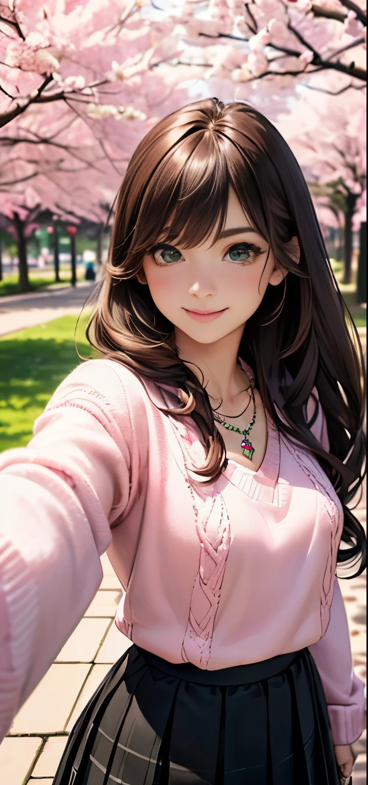 ((table top, highest quality, High resolution, nffsw, perfect pixel, Depth of bounds written, 4K, nffsw, nffsw))), 1 girl, single, alone, beautiful anime girl, beautiful art style, anime character, ((long hair, bangs, brown hair)), ((green eyes:1.4, round eyes, beautiful eyelashes, realistic eyes)), ((detailed face, blush:1.2)), ((smooth texture:0.75, realistic texture:0.65, realistic:1.1, Anime CG style)),  dynamic angle,  ((throw, Selfie Pose, portrait)), ((pink sweater, long sleeve, black skirt, plaid skirt, Snazzy, 1 diamond necklace)), smile,  amusement park, ((Cherry tree, Cherry blossoms fall))