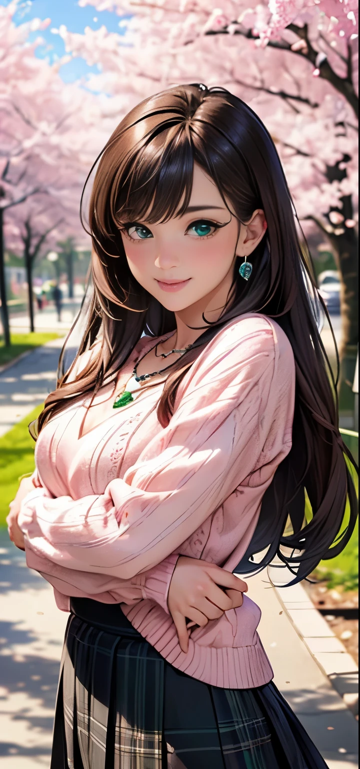 ((table top, highest quality, High resolution, nffsw, perfect pixel, Depth of bounds written, 4K, nffsw, nffsw))), 1 girl, single, alone, beautiful anime girl, beautiful art style, anime character, ((long hair, bangs, brown hair)), ((green eyes:1.4, round eyes, beautiful eyelashes, realistic eyes)), ((detailed face, blush:1.2)), ((smooth texture:0.75, realistic texture:0.65, realistic:1.1, Anime CG style)), dynamic angle, ((throw, Selfie Pose, portrait)), ((pink sweater, long sleeve, black skirt, plaid skirt, Snazzy, 1 diamond necklace)), smile, amusement park, ((Cherry tree, Cherry blossoms fall))