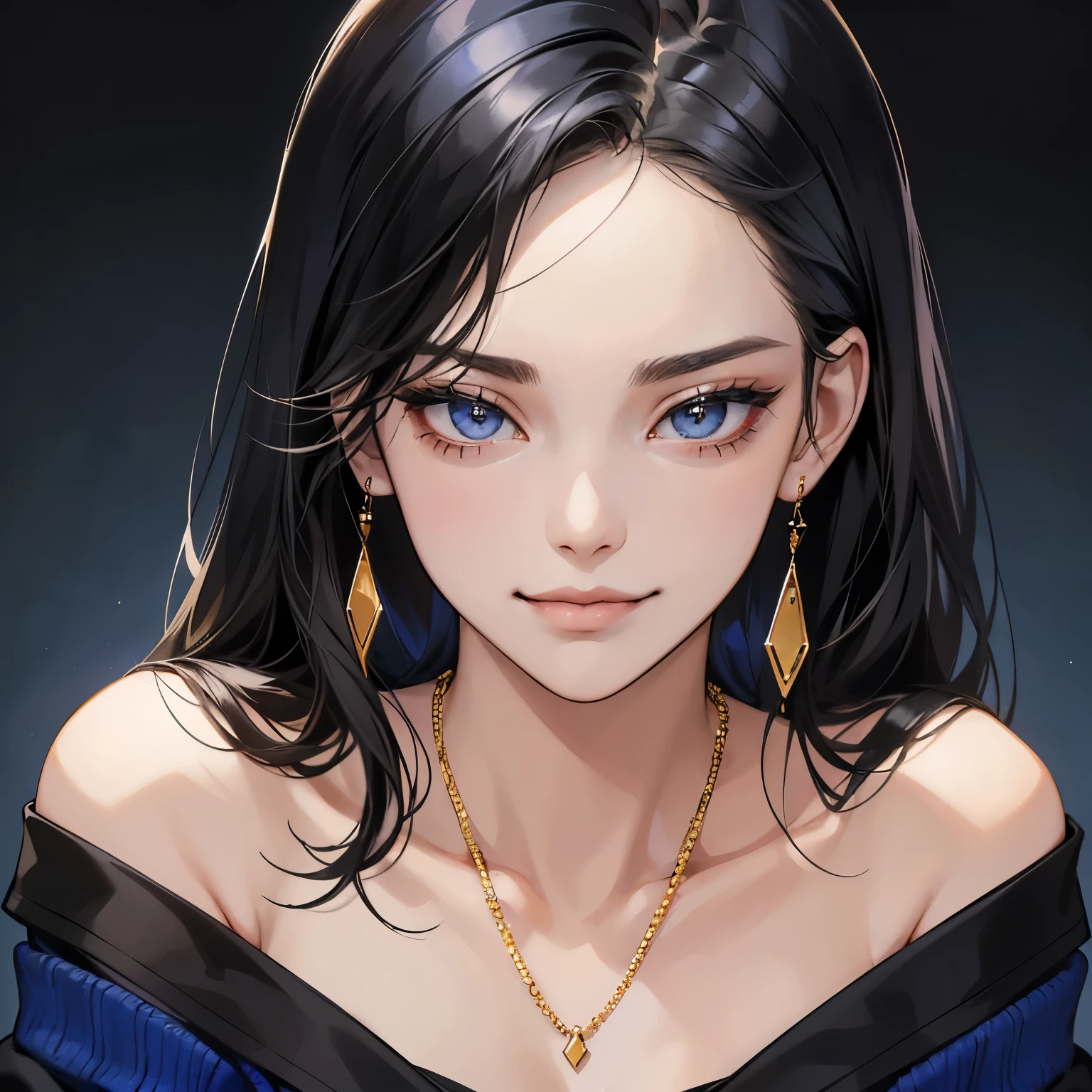 (table top, digital art, digital illustration, 4K, 8K, super detailed, beautiful images, clear image, realistic, RAW photo, perfect face, perfect lines, perfect eyes, soft lighting) ,1 female, (long black hair,Bullish gaze,beautiful woman,closed mouth,smirk,Mature,(slender,),23 year old female,:1.3),Looking at the viewer while wearing an off-shoulder royal blue sweater、Gold earrings and necklace、Black and blue gradient background with no pattern